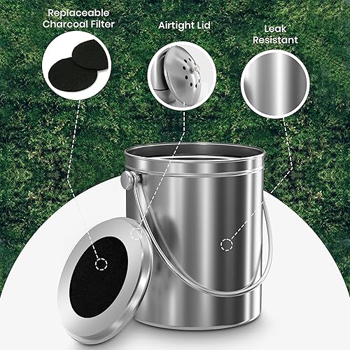 Miniatura 4 de Utopia Kitchen contenedor de acero inoxidable para preparar compost calidad premium de 13 galones - Incluye filtro de carbón