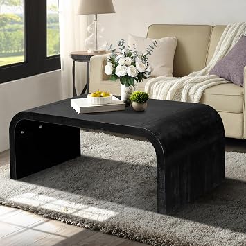 Coffee Table, 47.24"x23.62"x17.71" Farmhouse Vintage Crafts Coffee Table Curved Art Deco Side Table Solid Wood Center Table Accent End Table for Living Room Bedroom Apartment, Black