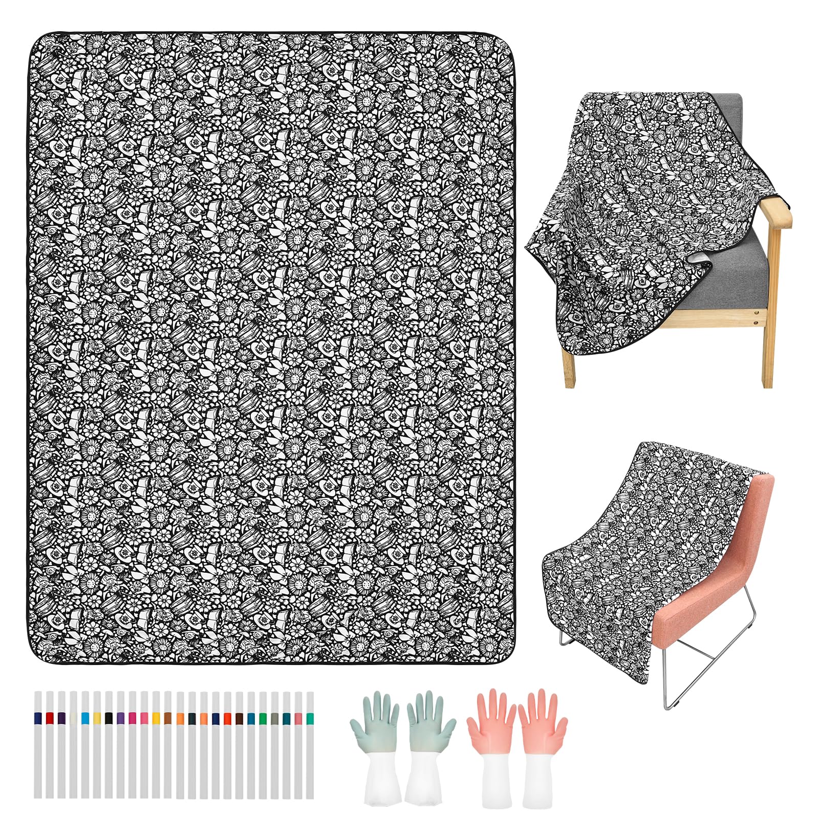 DIY Colouring Blanket Kit, Colour Your Own Velvet Blanket with 24 Fabric Markers & Gloves 150x125cm Soft Plush Colouring Throw Blankets Creative DIY Art Gift for Family Activity, Stress Relief