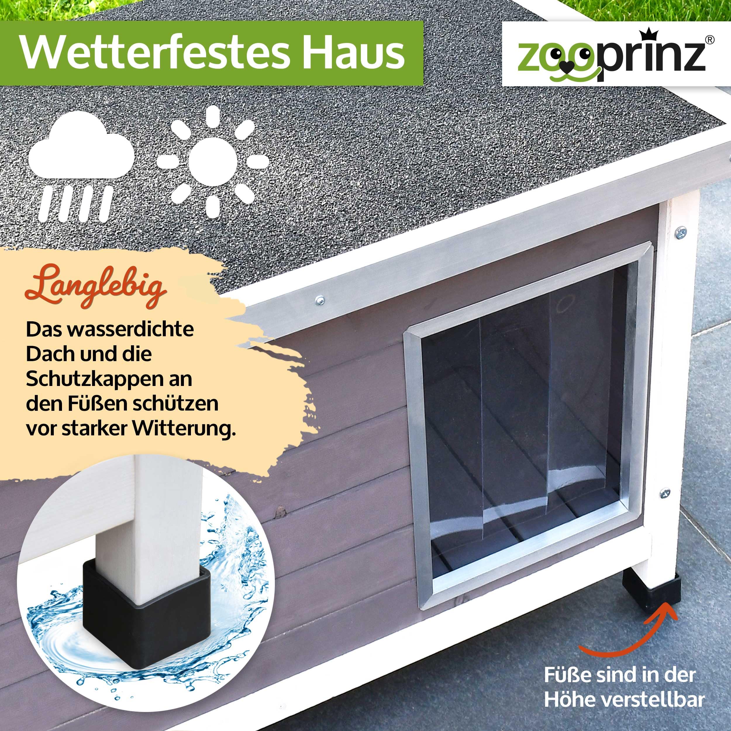 zooprinz Exklusive Hundehütte Jacky – aus wetterfestem & massivem Holz mit Metallrahmen, Dach zum Öffnen, Lamellentür & Kunststofffüßen – Hundehütte für Indoor und Outdoor (Hellgrau, XL)