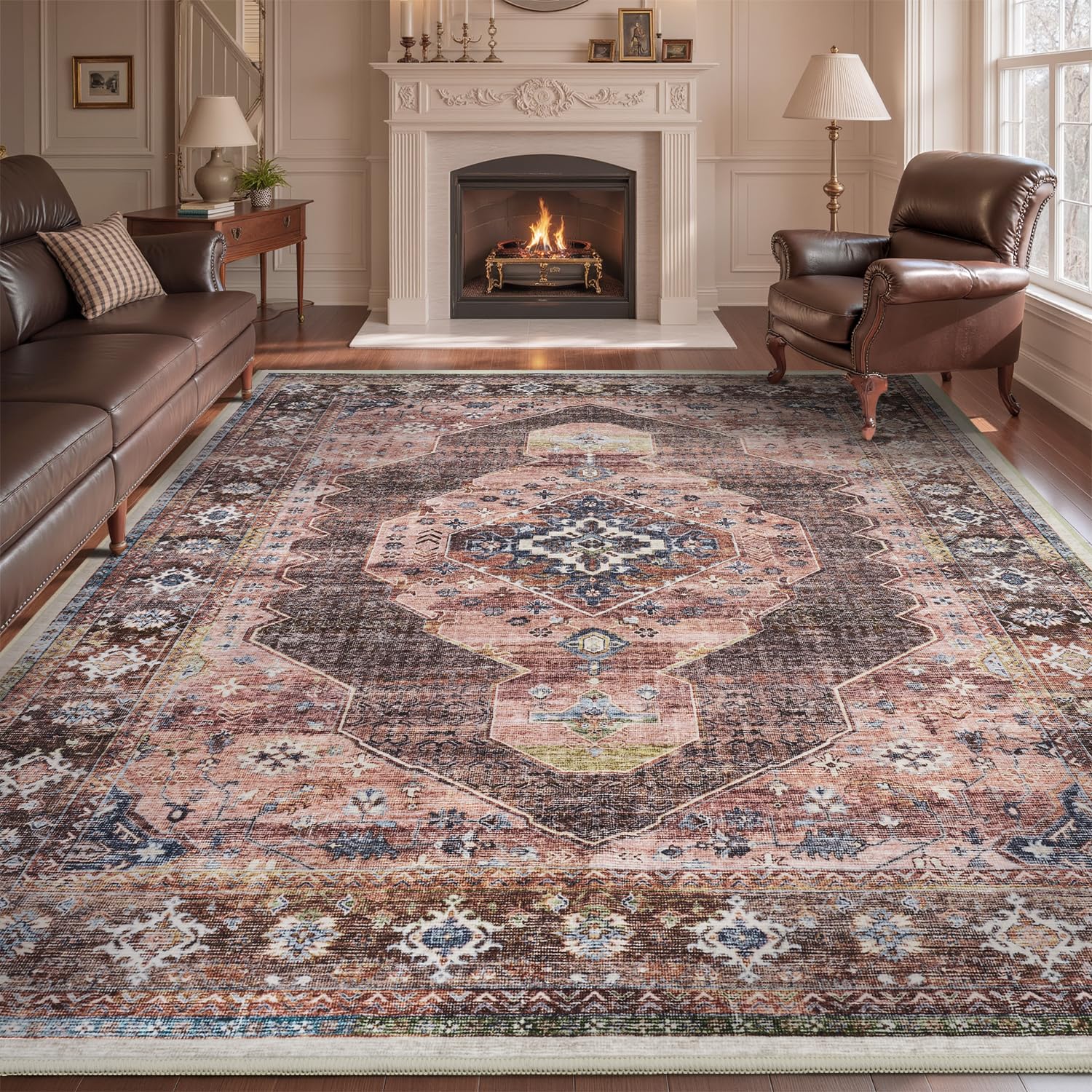 Engiw-Pink Brown 6x9 Area Rugs for Living Room Bedroom Rug Girl Nursery Rug Washable Soft Study Room Dining Room Rugs Carpet Water Repellent Easy Care