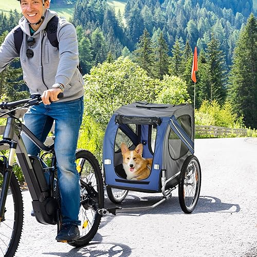 Vista 21 de Aosom Remolque de bicicleta para perros, carrito de mascotas, accesorio de transporte de carga para viajes con 3 entradas, ruedas grandes para Rojo