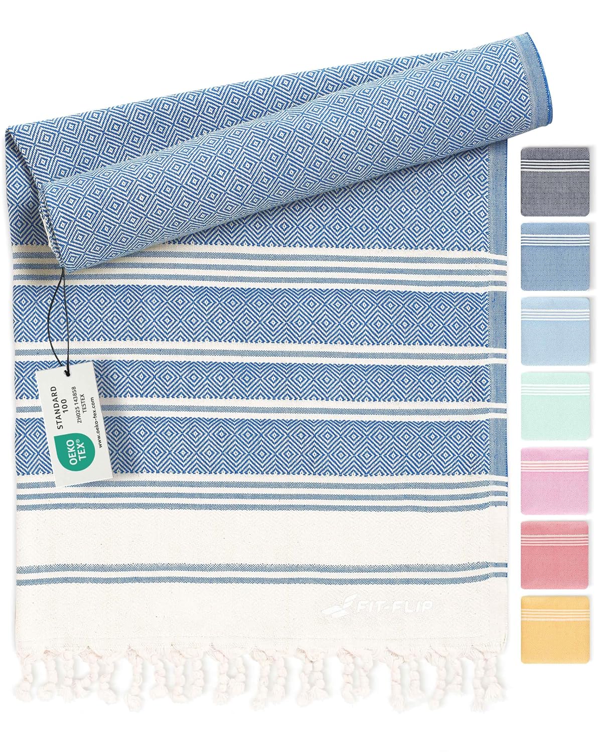 Fit-Flip Hammam Towel Made of 100% Recycled Cotton, Sustainable and Natural, Sauna Towel, Beach Towel, Bath Towel, Yoga Towel, Blue, 100 x 200 cm, Diamond