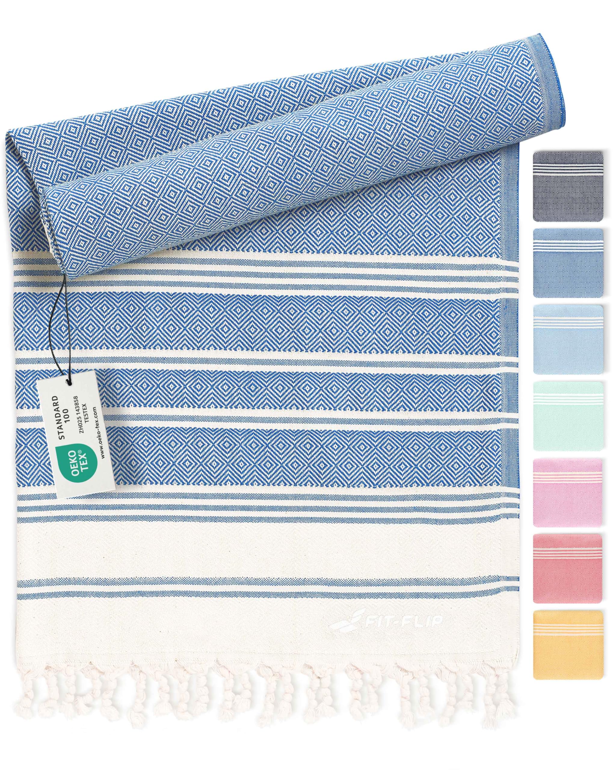 Fit-Flip 10 Blue - Diamond Hammam Beach Towel Xxl Made From 100% Cotton - Quick-Drying Turkish Hamam Towels - Large Fouta Or Pestemal Ideal As A Thin Sauna Blanket - Blue – 100X200cm Diamond