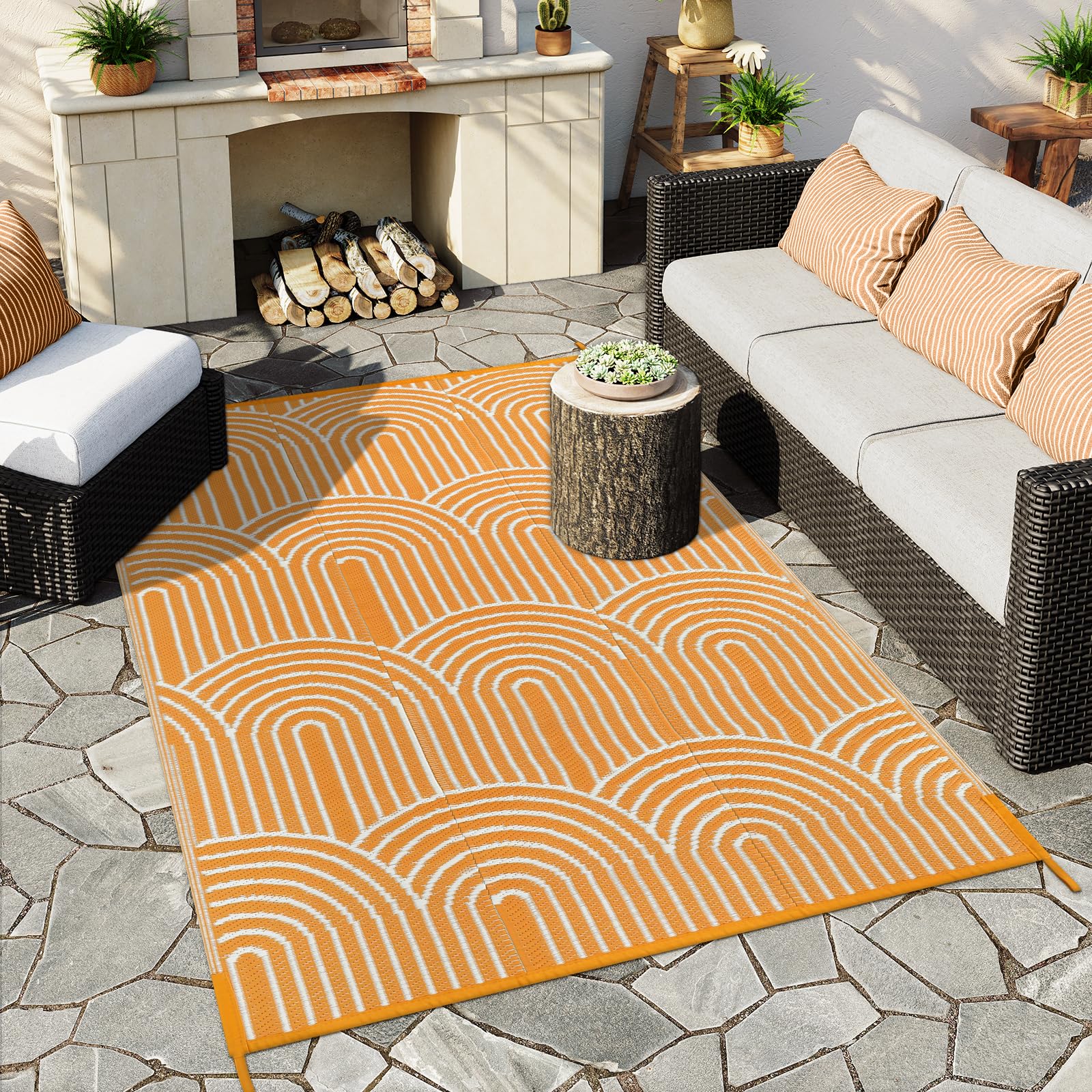 Anidaroel Patio Rugs Outdoor 6’x9’ Clearance Waterproof, Reversible Rainbow Outdoor Plastic Straw Outside Rugs, RV Outdoor Rugs for Camping, Porch, Balcony, Backyard (Orange,6‘X9')