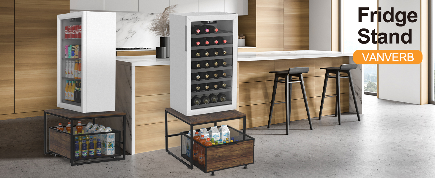 Mini Fridge Stand With Storage, Mobile Beverage Refrigerator Cabinet With Adjustable Shelf