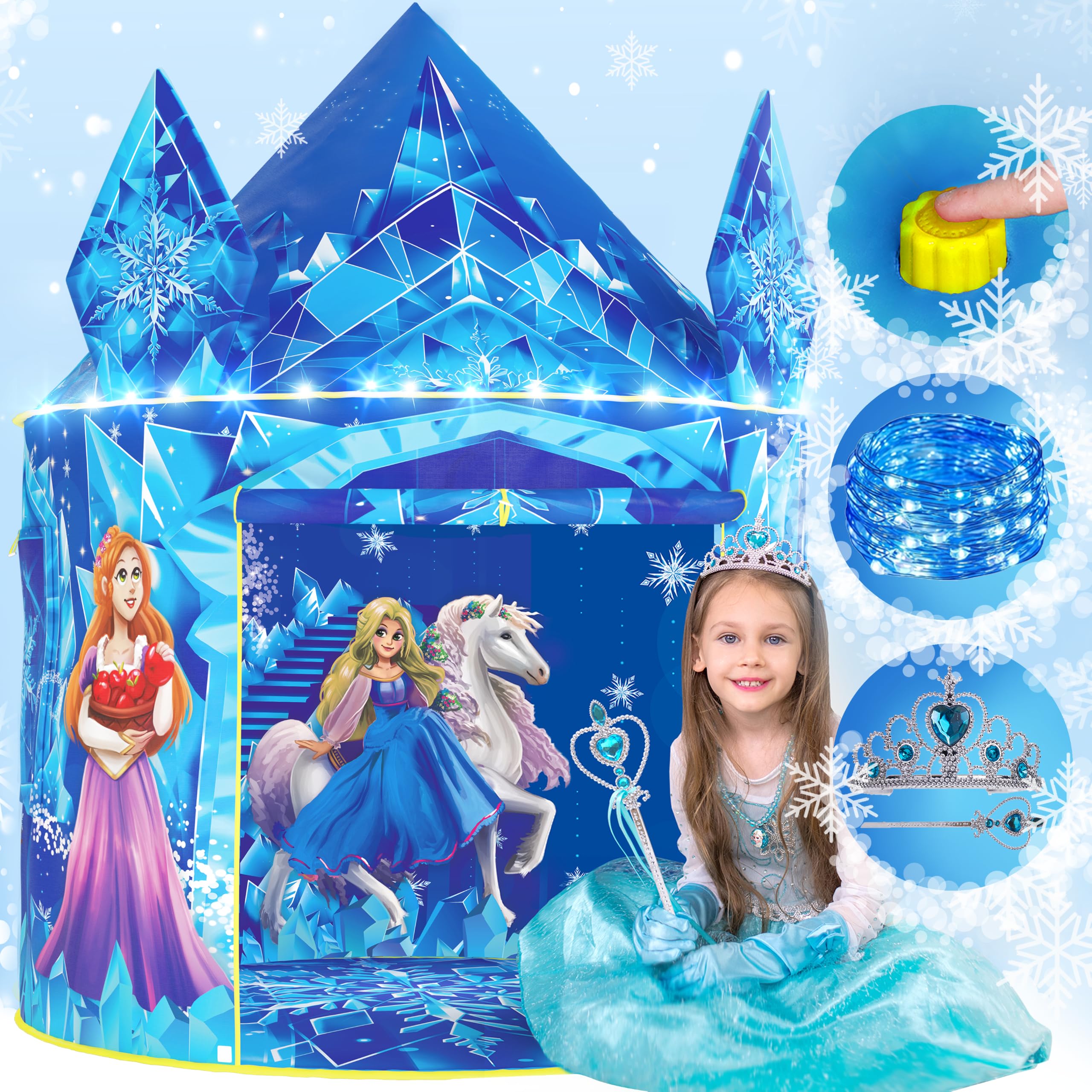 W&O Tienda de princesa Frozen para niñas con botón de sonido mágico, luces LED, corona y varita, campaña con juguetes congelados