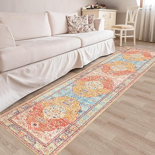 Miniatura 3 de RUGxDJ Alfombra bohemia de medallón de 2 x 8 pulgadas, lavable, alfombra persa para entrada, alfombra antideslizante para interiores, pasillo,
