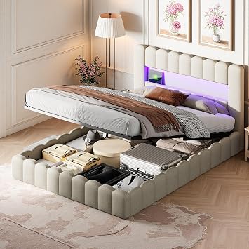 Bubble Upholstered Bed 180 x 200 cm Double Bed with Hydraulic Storage Space Storage Bed with USB and LED Youth Bed with Bed Box Box Spring Bed with Slatted Frame Beige
