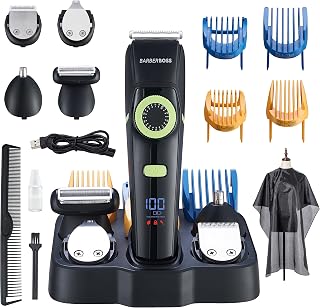 BarberBoss Men Hair Clippers, Beard Trimmer, Ear and Nose Hair, Grooming Kit for Men, Precision Dial, Ceramic Blade, 4 Comb Attachments, Waterproof, LED Display, QR-6085