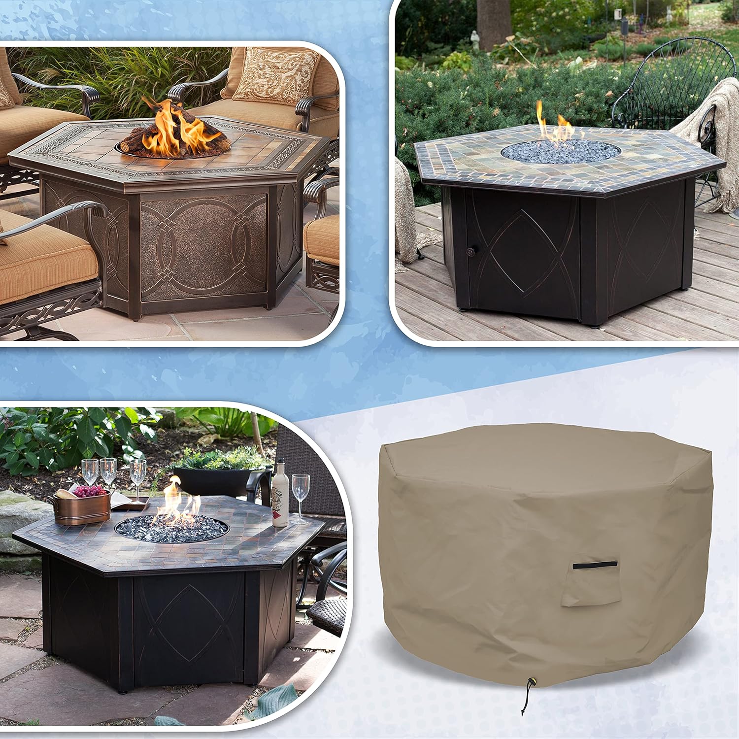 Octagon Fire Pit Cover 12 Oz Waterproof - 100% Weather Resistant Outdoor Fire Pit Table Cover with Air Pocket & Drawstring for Snug Fit (20" H x 42" D, Beige)