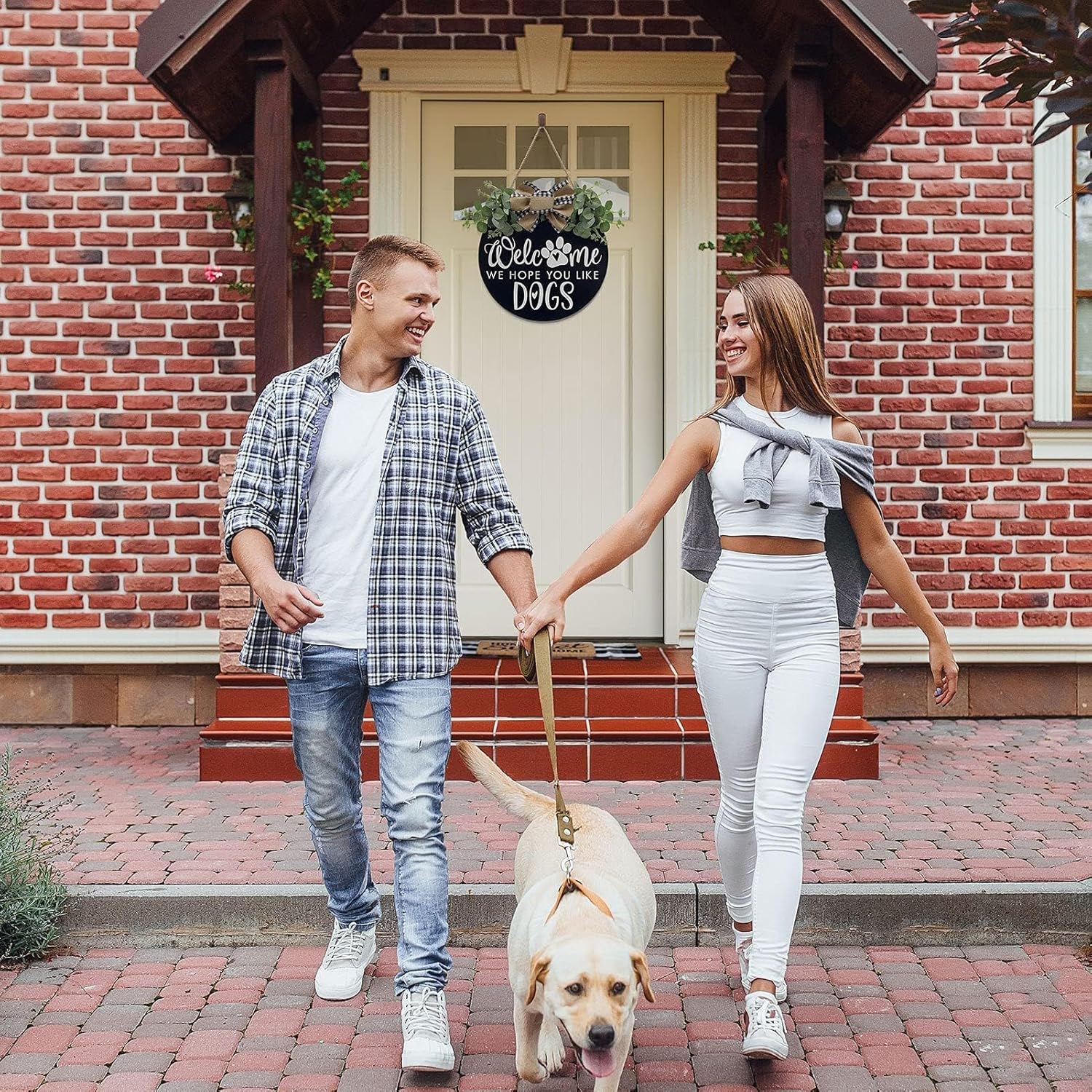 Welcome We Hope You Like Dogs Farmhouse Door Sign for Front Door Porch Decor with Eucalyptus Leaves & Buffalo Bow - Welcome Wreath Sign Hanging for Dogs Lovers Spring Summer Decor Housewarming Gift - Image 3