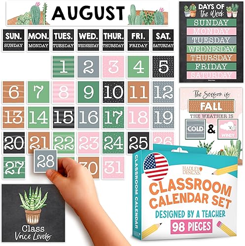 Hadley Designs Juego de calendario de aula, decoración de tablón de anuncios, calendario escolar de cactus para decoración de aula, jardín