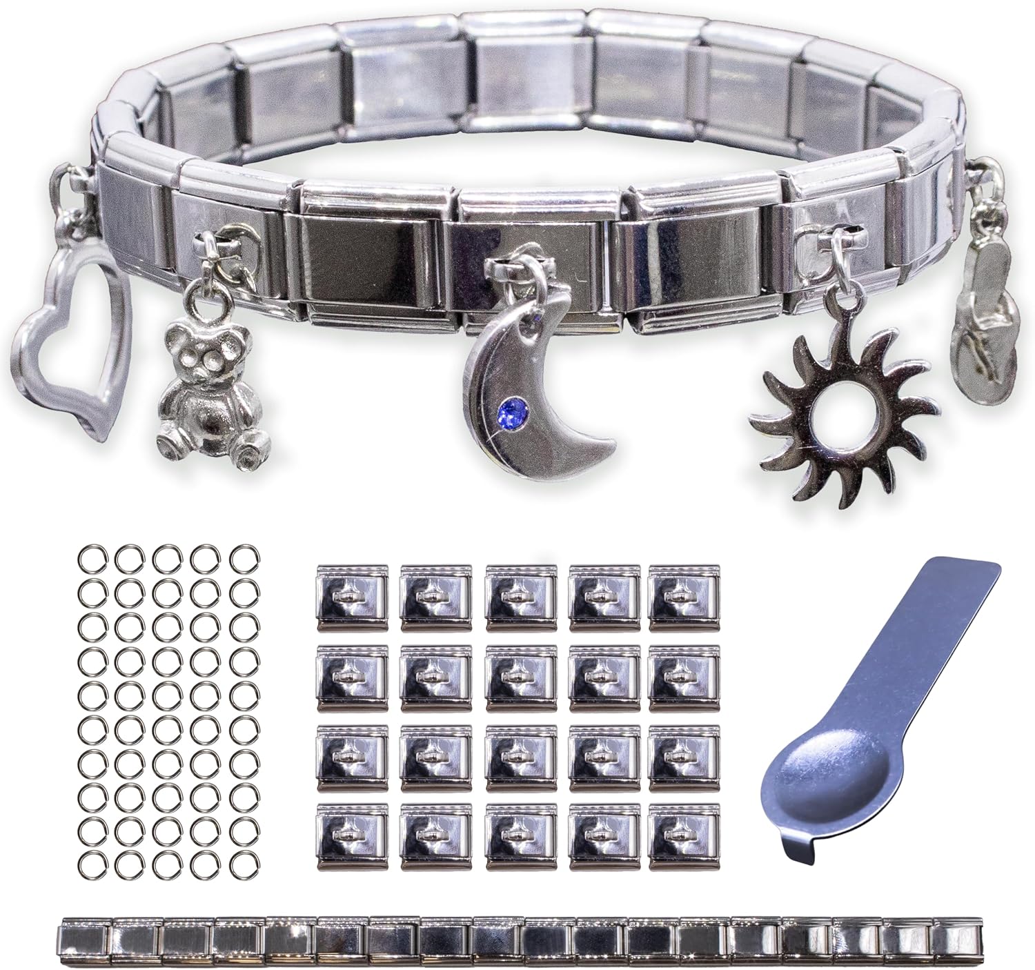 Fablinks Italian Charm Bracelet Starter Kit, 9mm 304 Stainless Steel Charms Link Bracelets for Women, Silver Modular Jewelry Pack for Men with Tool (Starter Kit - Horizontal Loop)