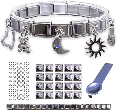 Fablinks Italian Charm Bracelet Starter Kit, 9mm 304 Stainless Steel Charms Link Bracelets for Women, Silver Modular Jewelry Pack for Men with Tool Starter Kit - Horizontal Loop