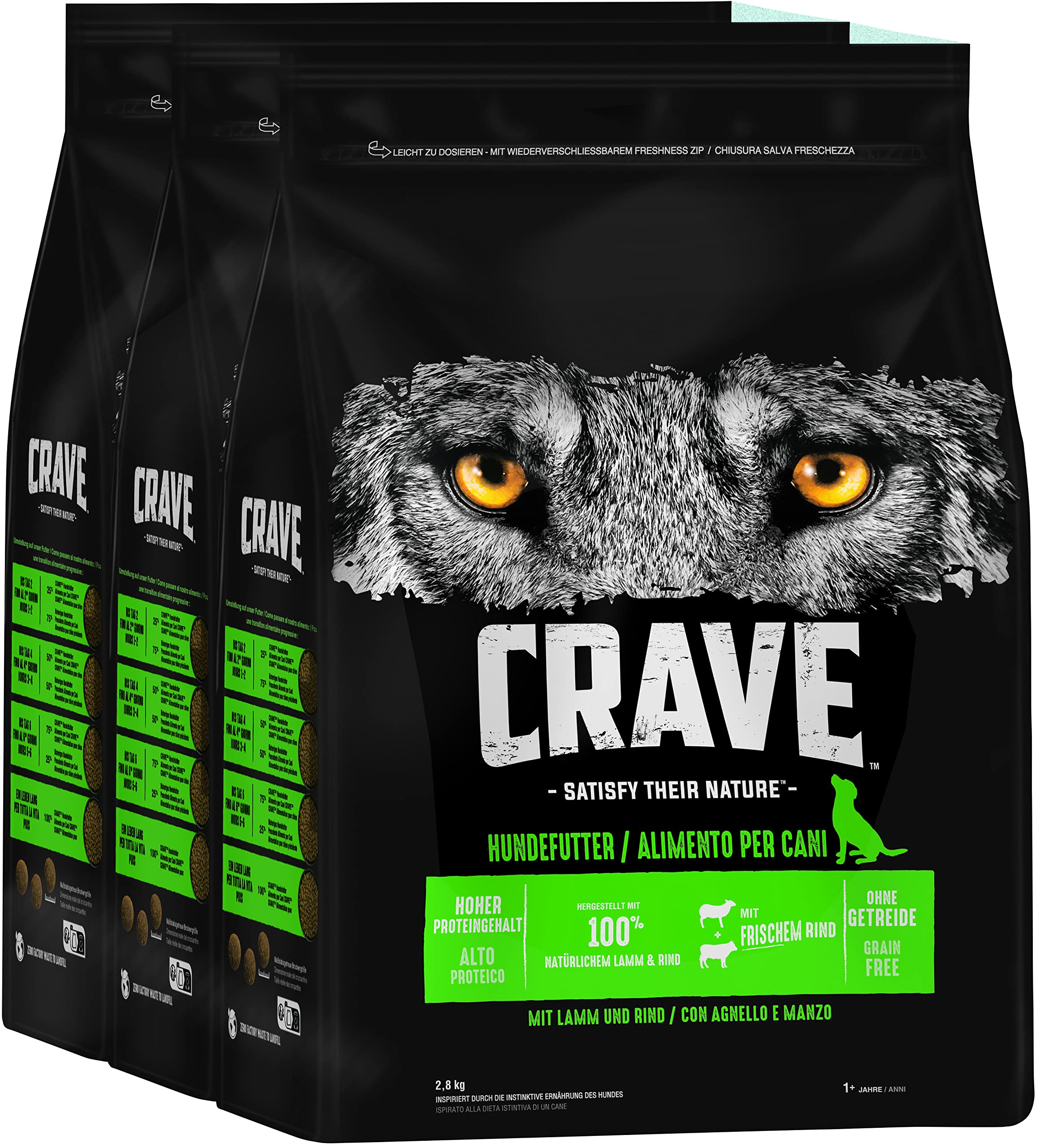 CRAVE Crave Premium Trockenfutter mit Lamm & Rind – 3 x 2,8 kg