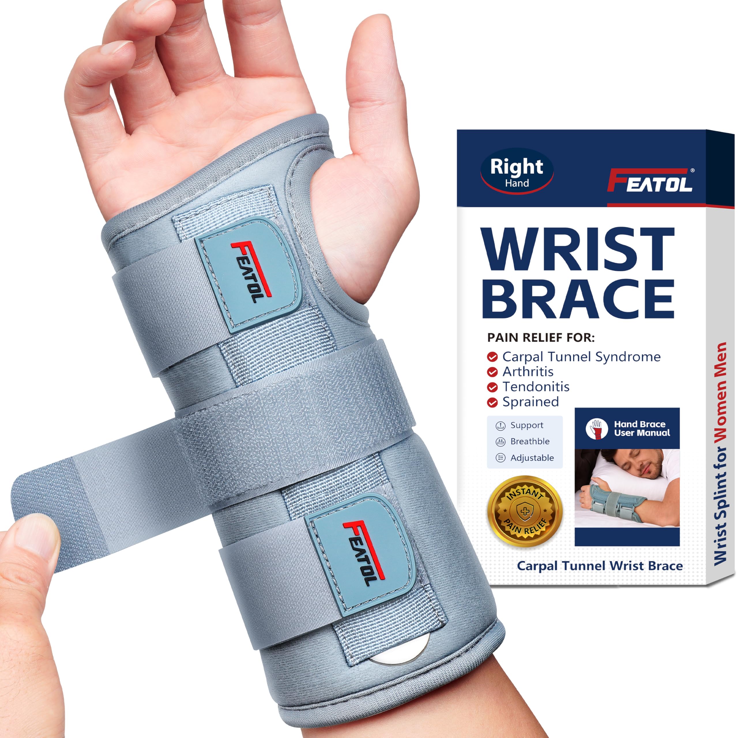 Wrist Brace for Carpal Tunnel for Women Men, Adjustable Night Sleep Support Brace with Splints Right Hand, Small/Medium
