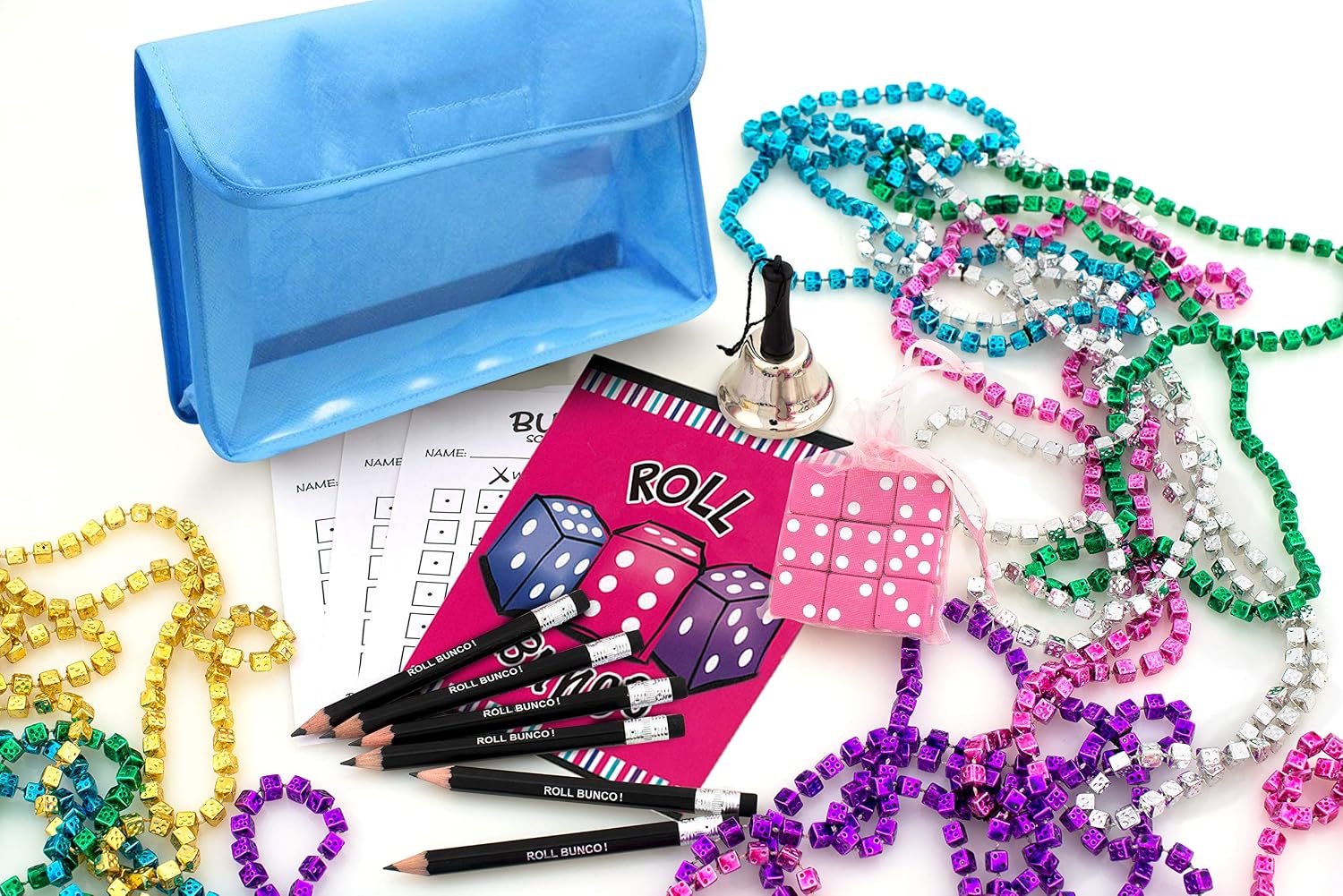 Bunco Game Kit with Gift - 1 doz Dice Mardi Gras Beads in Assorted Colors with Game Storage Bag (Sorry - Bag Color Choice is