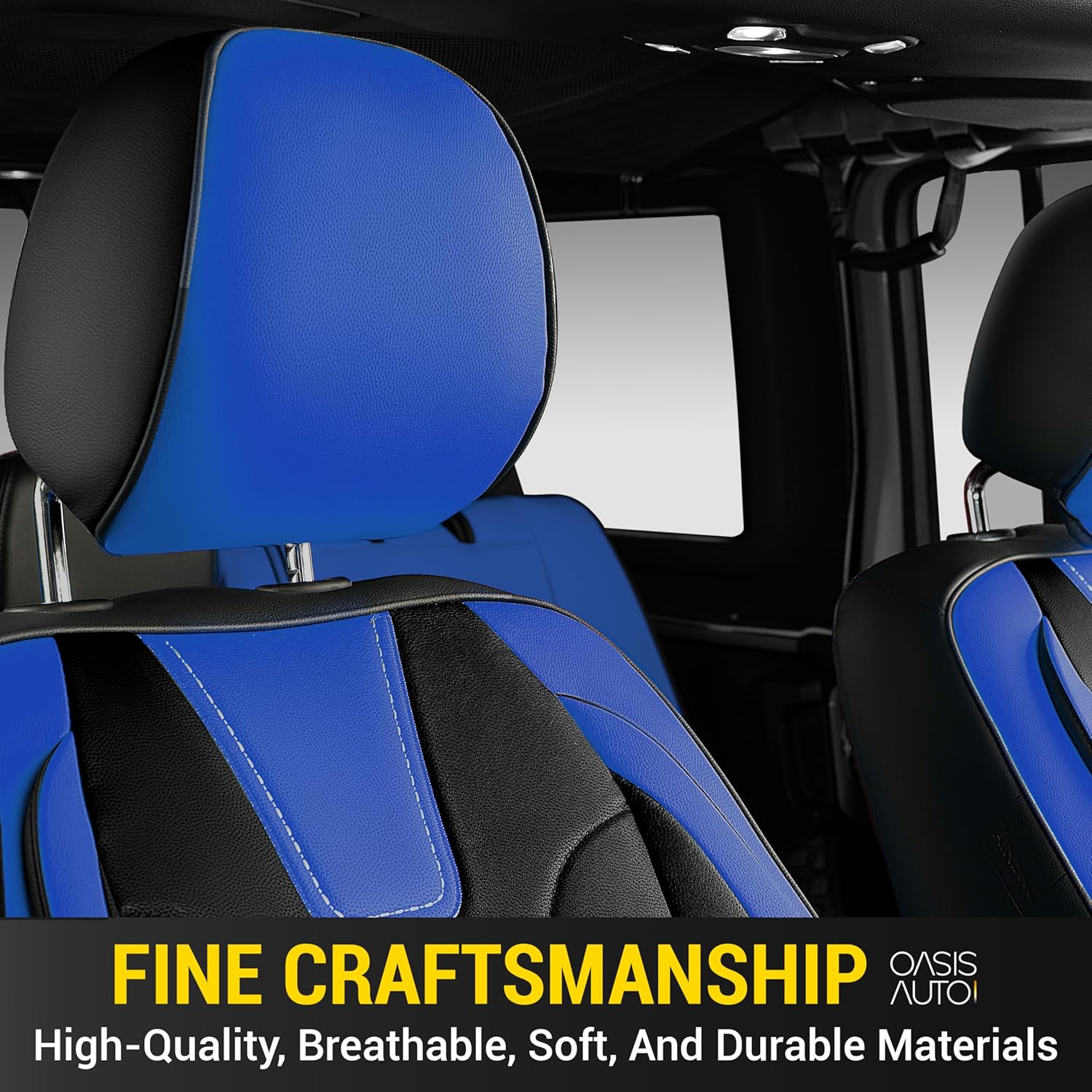 OASIS AUTO Custom Fit Seat Covers Compatible with Jeep Wrangler JK Unlimited 4-Door (2007-2017), Waterproof Faux Leather Full Set, Fits Sport X Sahara Rubicon (Black & Blue)