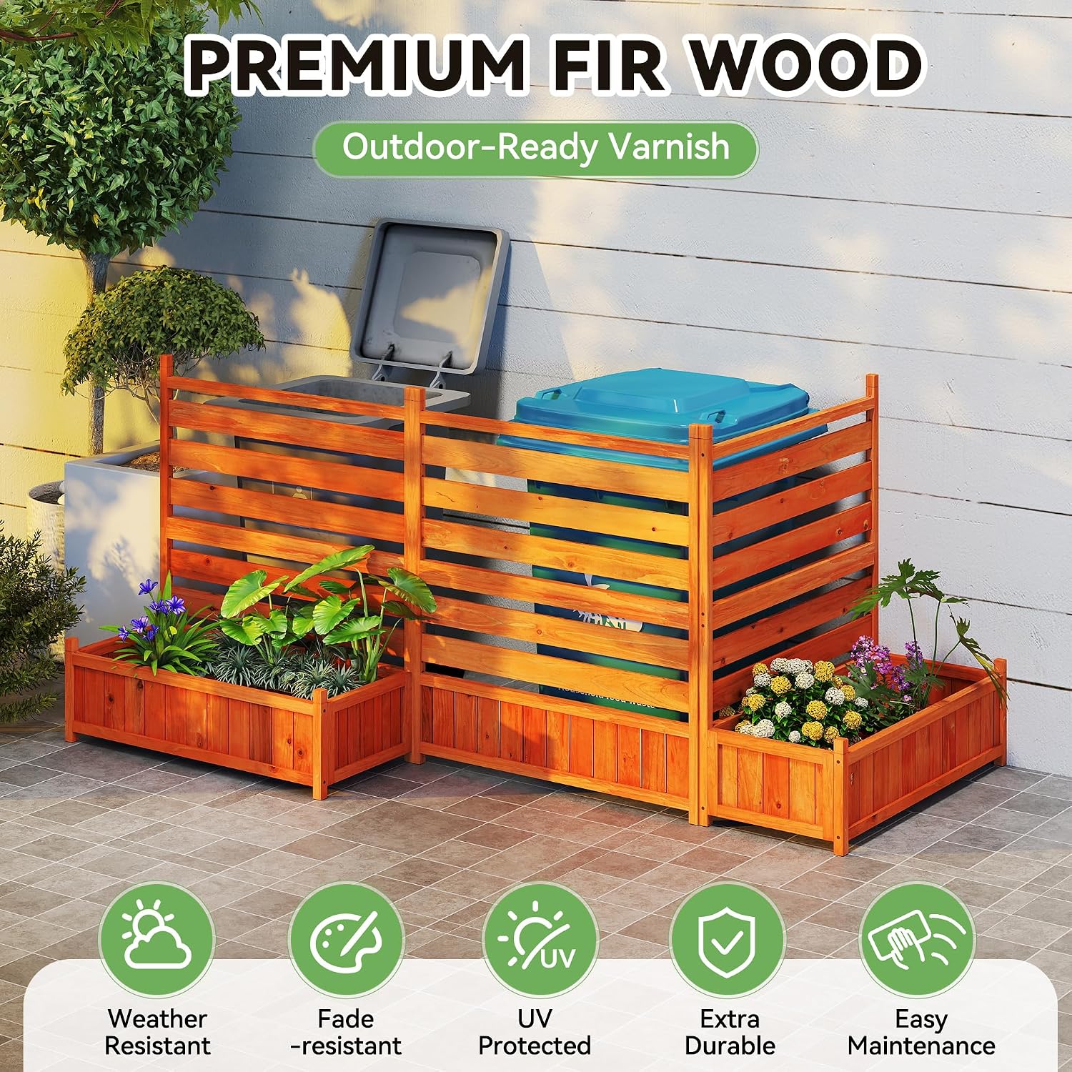 JAXPETY 3 Panel Air Conditioner Fence with Planter Box, 2-IN-1 Wood Outdoor Privacy Screen, 33"W x 37"H Weatherproof No-Dig Decorative Fences, AC Unit Fence Panels for Trash Can Garden Backyard Patio