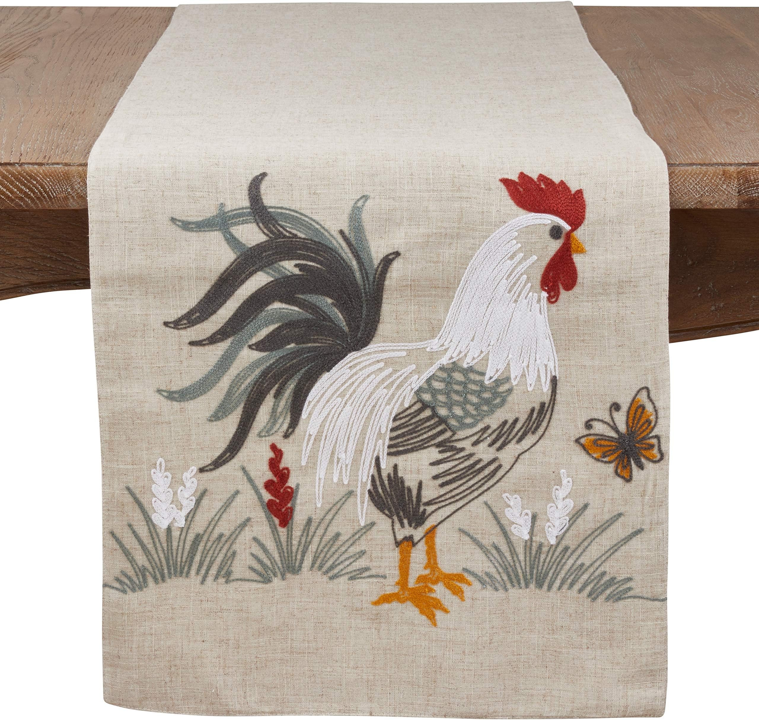 Long Table Runner with Embroidered Rooster Design Tan Farmhouse Linen Polyester