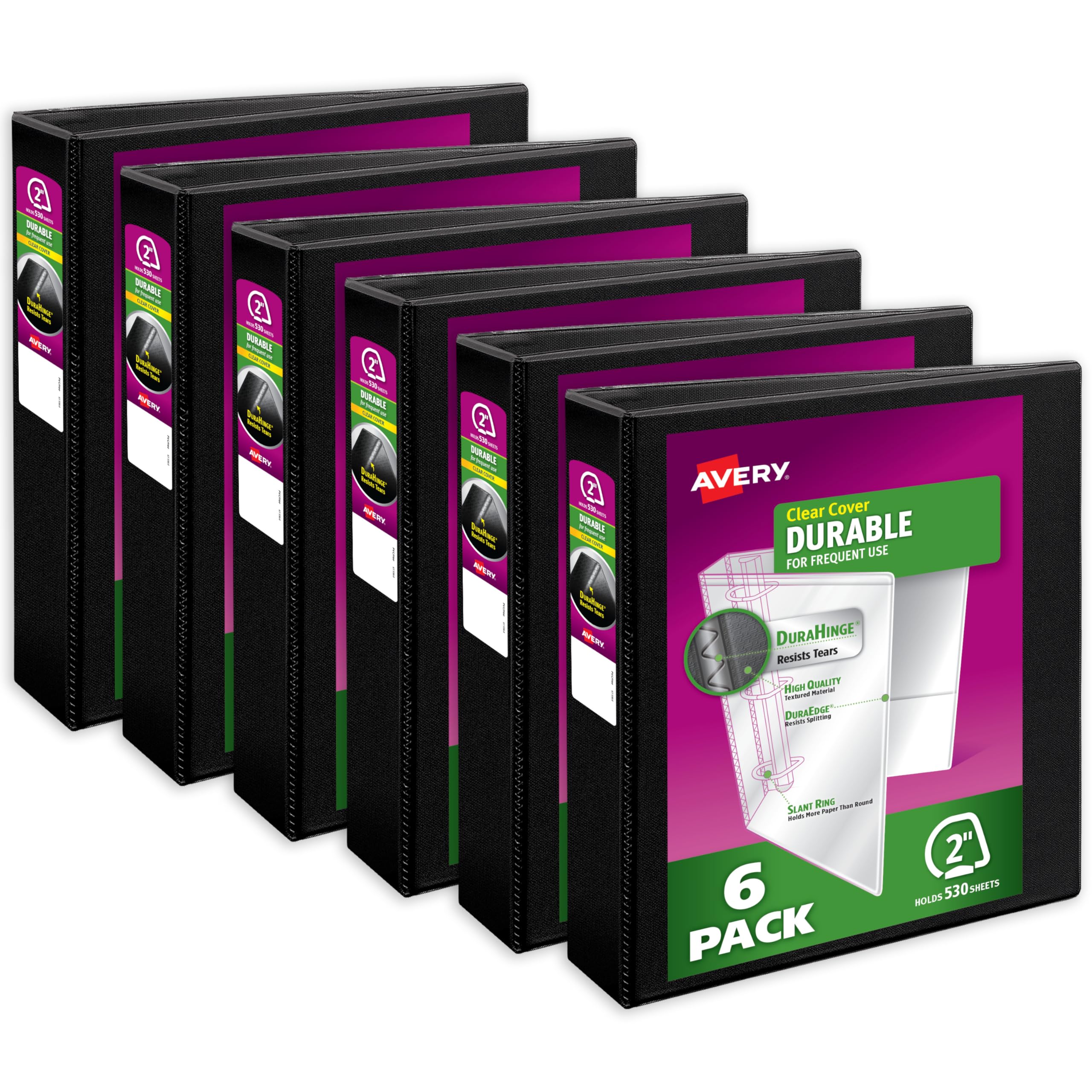 Avery Durable View Binder, 2" Slant Rings, 500-Sheet Capacity, DuraHinge, Black, Case Pack of 6 (17031)