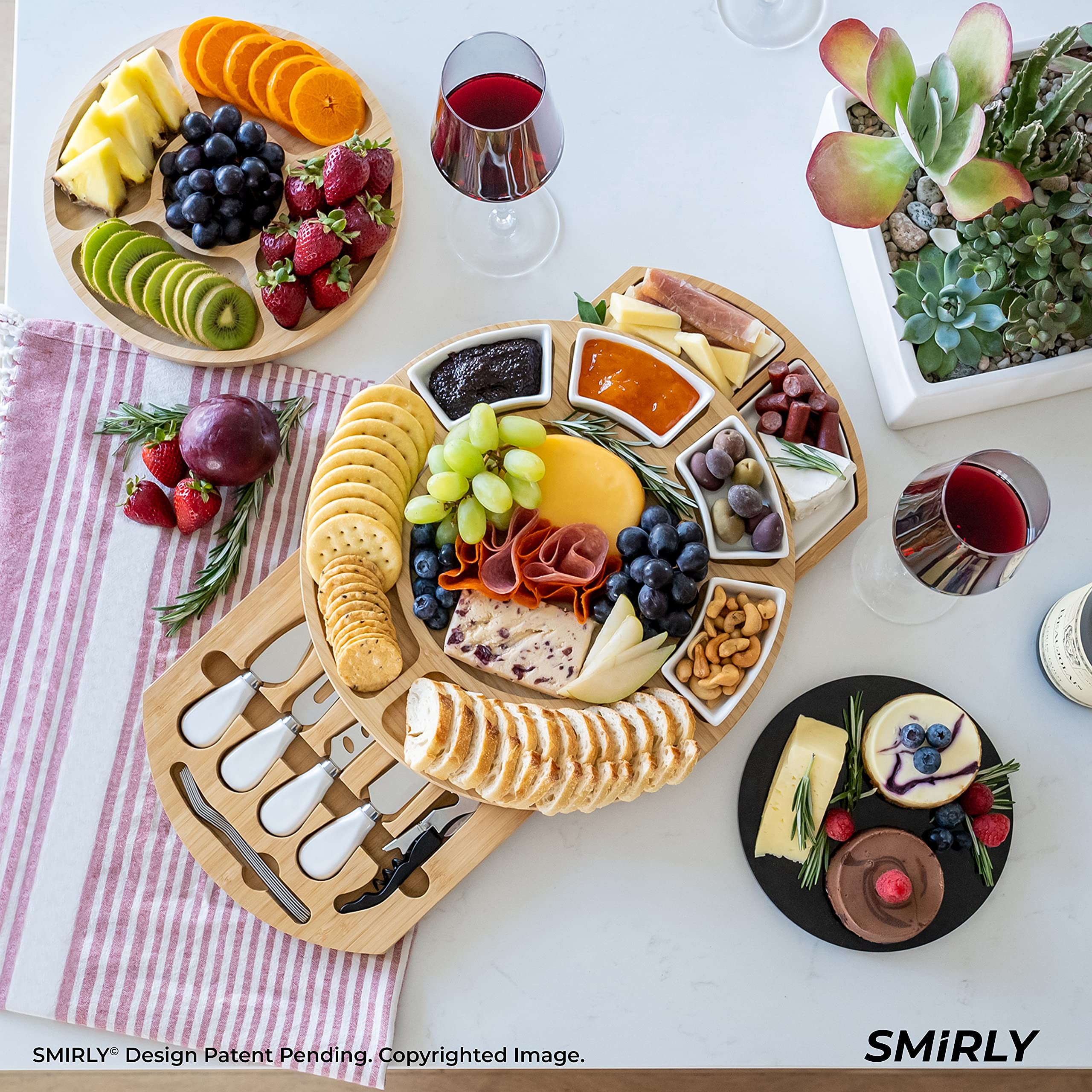 SMIRLY Cheese Board and Knife Set Large Round Charcuterie Board Set