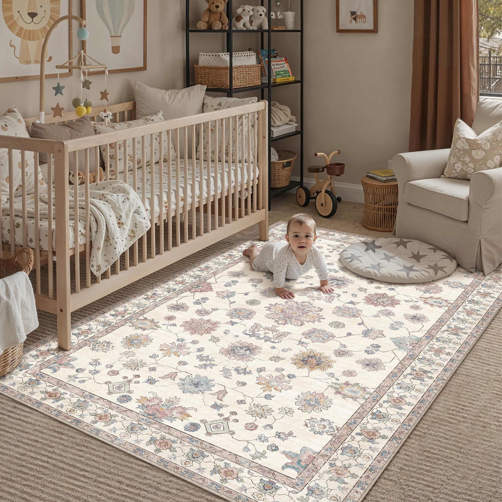 PureCozy Rugs Living Room 80x150cm Beige Washable Non Slip Large Vintage Area Bedroom Rug Bedside Nursery Lounge Office Playroom Indoor Big Carpet Low Pile Carpets Retro