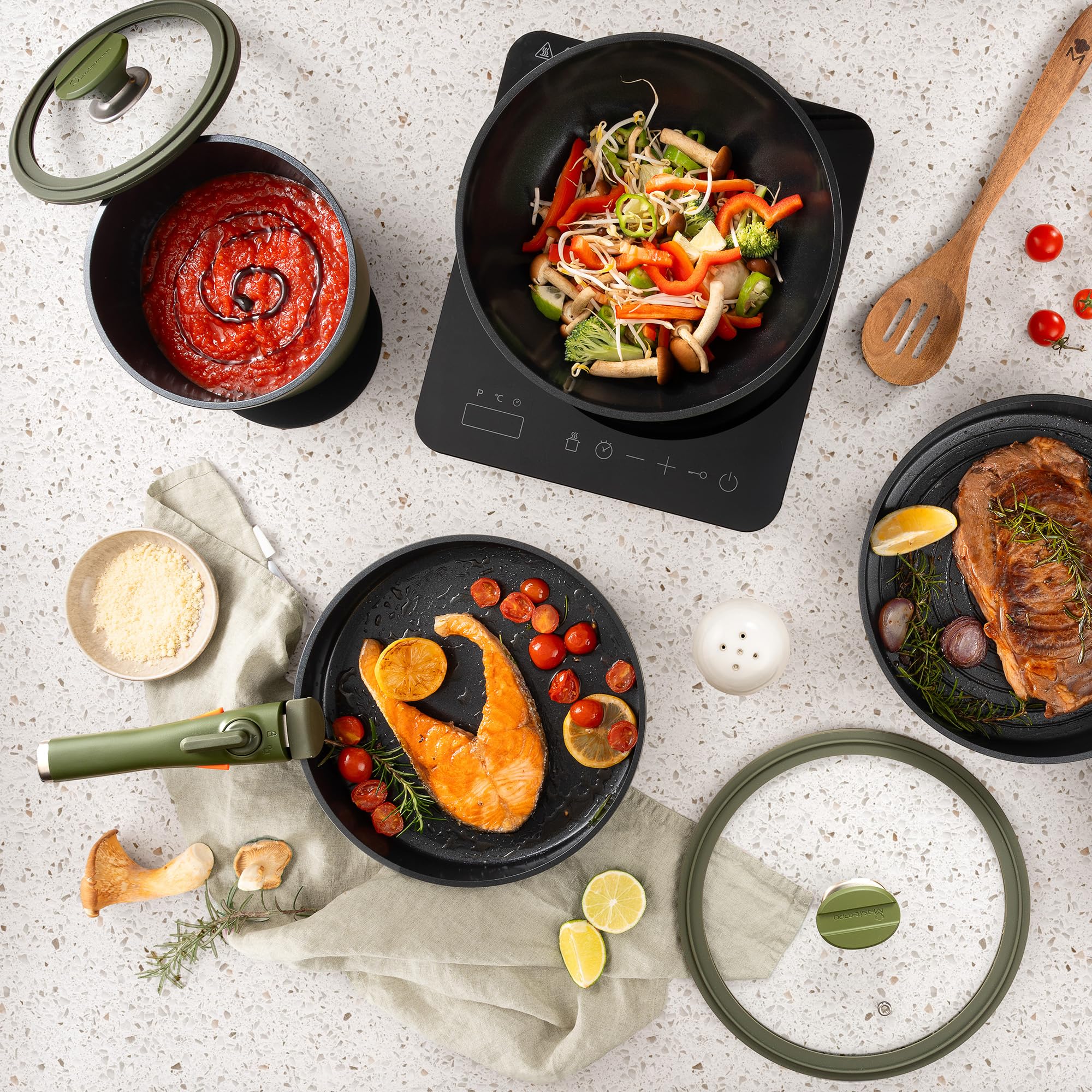 MasterPRO SHARE & PLAY | Ensemble de 10 ustensiles de cuisine empilables | Manche amovible | Peu encombrant | Fonte d'aluminium | Revêtement antiadhésif CERATECH