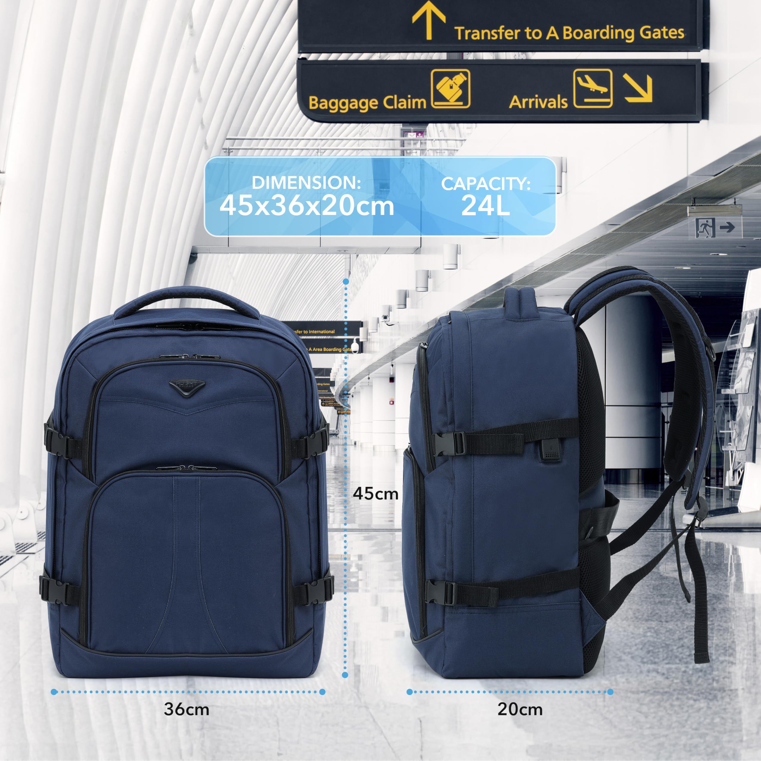 Flight Knight 45x36x20cm easyJet Free Carry On Backpack - Large 30 Liter Bag For Underseat Travelling USB Port Padded Comfortable Backpack - Carry On Luggage For easyJet, Ryanair, BA, Jet2 & More!