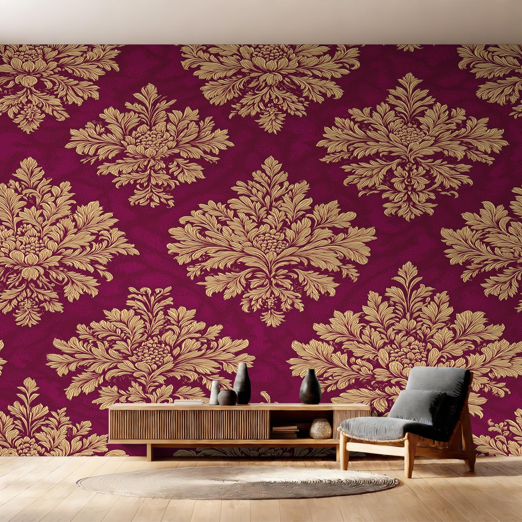 Papier peint panoramique damas rouge intissé 375x250 cm pour masquer les défauts du mur