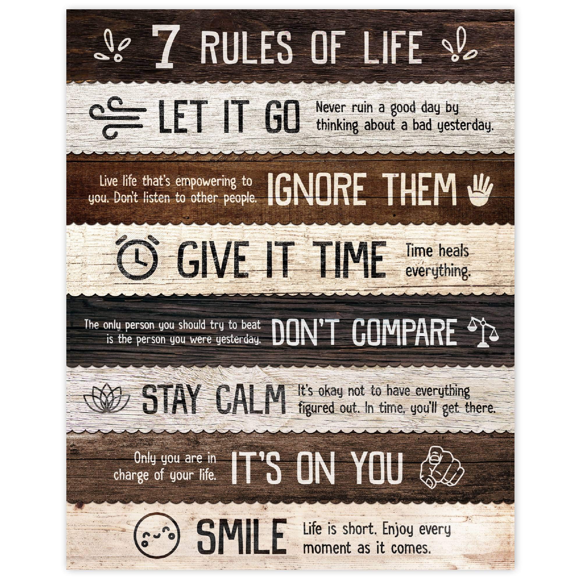 Uplifting 7 Rules of Life Quotes Prints, 1 (8x10) Unframed Photos, Inspirational Wall Art Decor Gift for Home Office Cabin Salon Work Garage Kitchen Bathroom School Gym College Student Teacher Coach