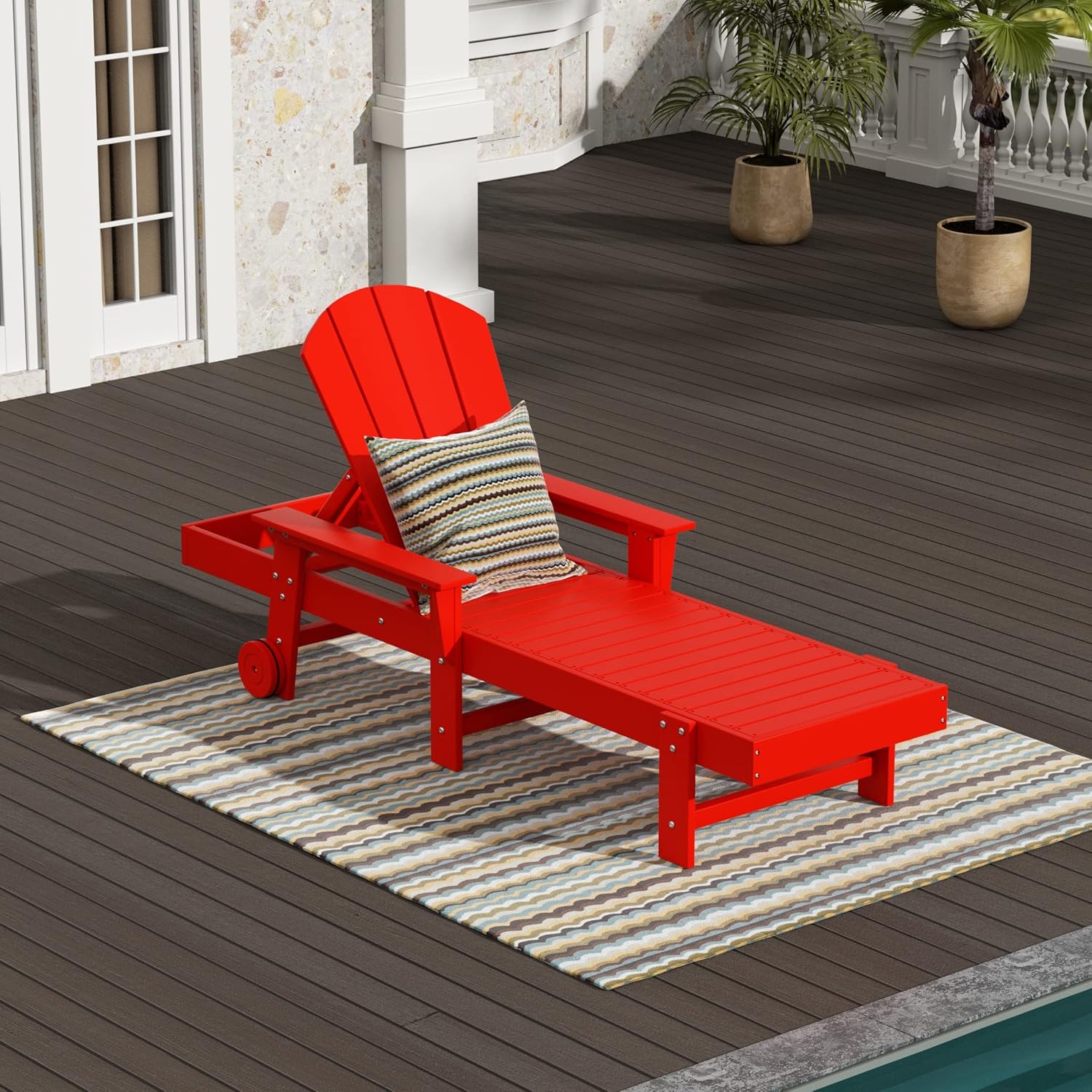 WestinTrends Laguna Adirondack Poly Reclining Chaise Lounge with Arms & Wheels, Red