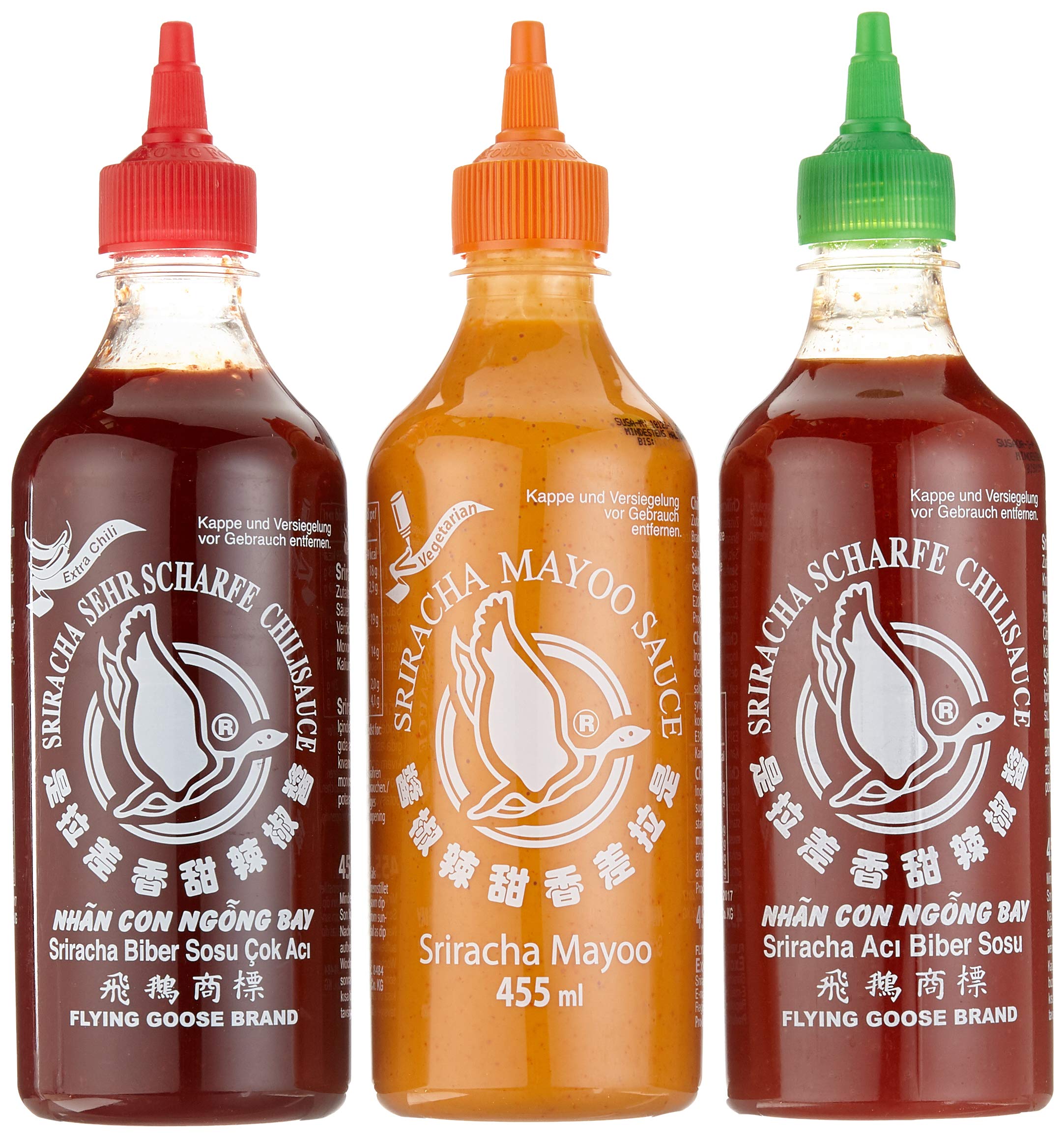 FLYING GOOSE Sriracha scharfe Chilisaucen Mischkarton (in 3 Geschmacksrichtungen, Würzsauce aus Thailand) 12er Pack à 455 ml (5 x scharf , 4 x sehr scharf , 3x Mayoo)