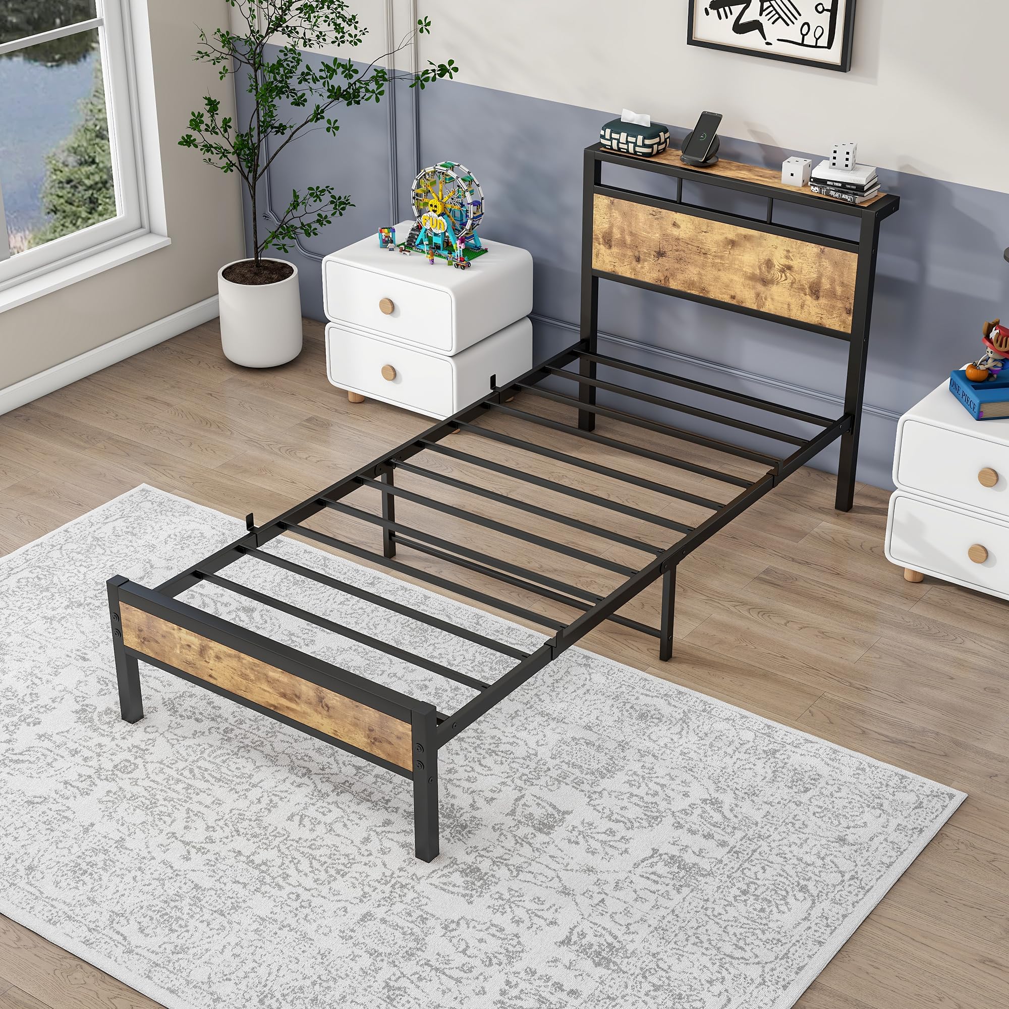 Cadre de lit Simple Noir avec étagère en Bois