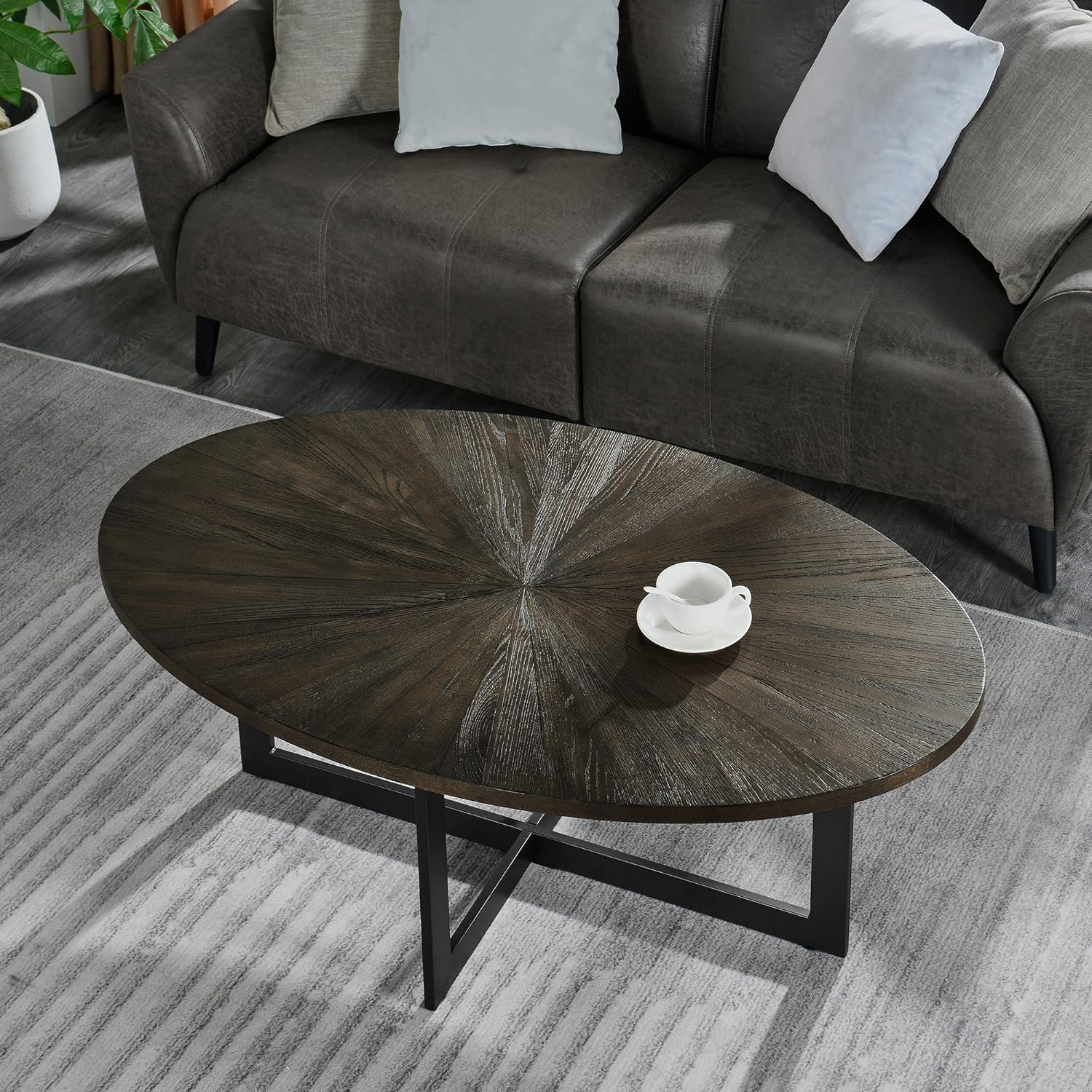 Oval Coffee Table for Living Room, Solid Wood Coffee Tables and Sturdy Metal Legs, Mid Century Modern Coffee-Table, Designed Home Furniture, Center Large Circle Coffee-Tables, Black