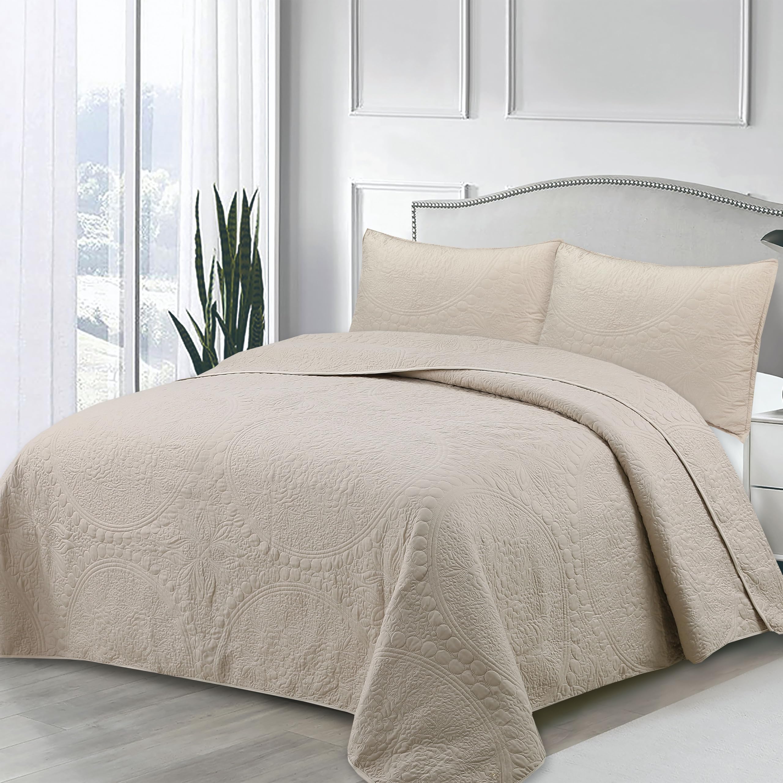 Colcha Boutí Bordada Cama 150 (250x270) para Verano y Entretiempo – Algodón y Microfibra – Cubrecama Artesanal, Ligero y Elegante – Incluye 2 Fundas Almohada (50x70) (Oporto Lino)