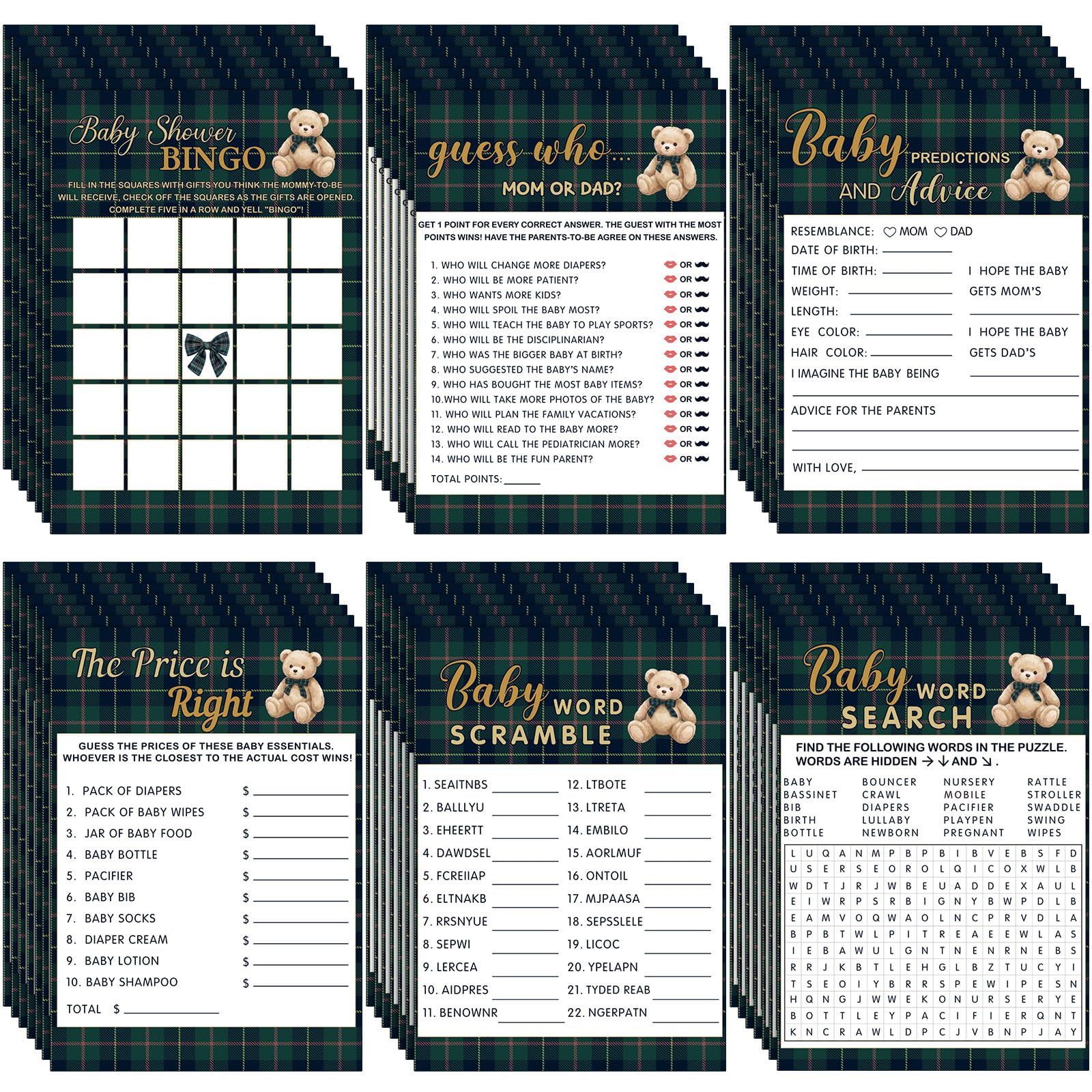 302 Pcs Baby Shower Games, 6 Games,50 Sheets Each, Bear