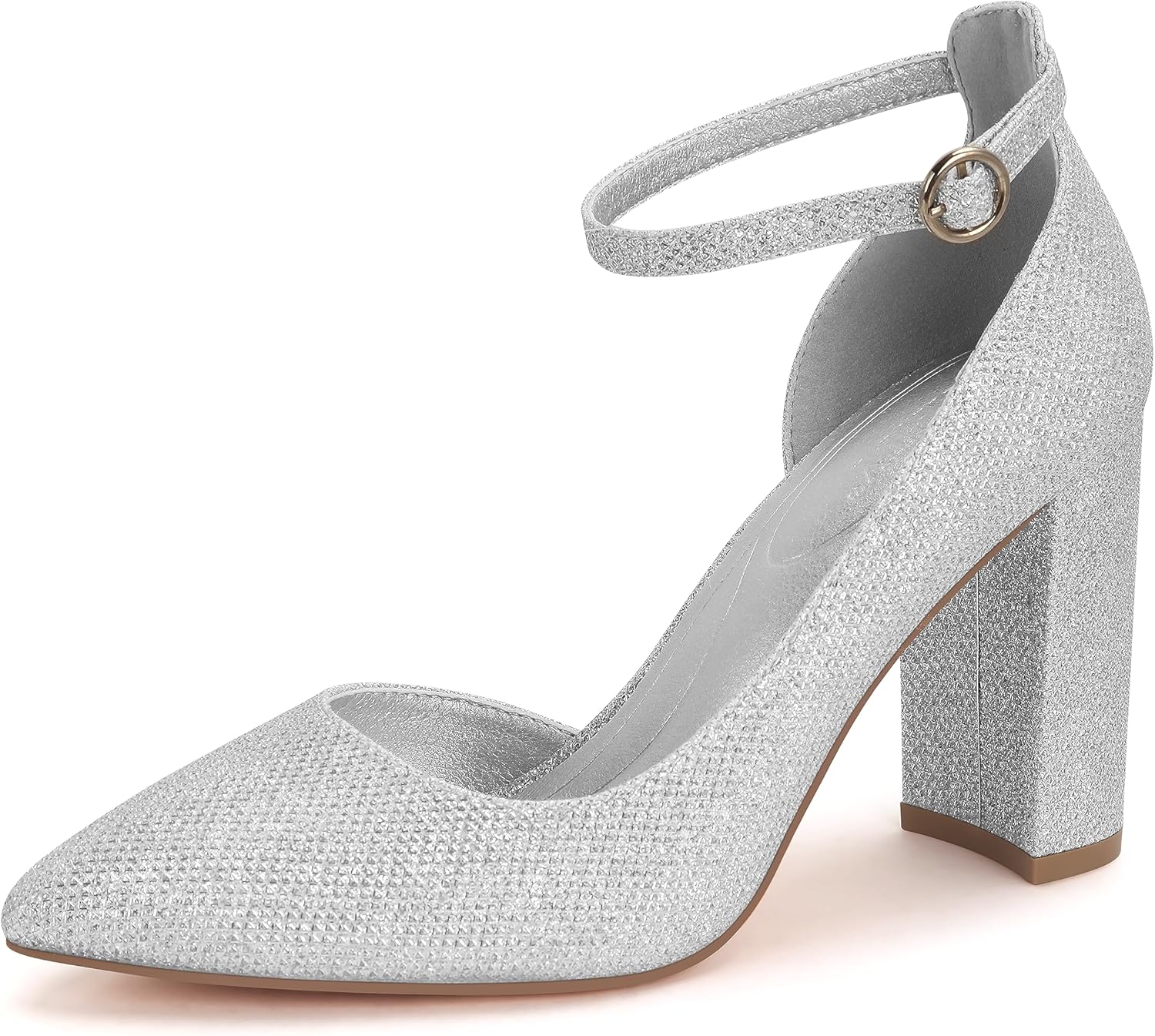 Silver Glitter Faux Leather High Heel Ankle Strap Pumps
