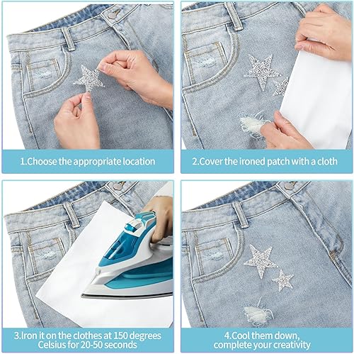 Miniatura 3 de 16 parches de estrellas para planchar con diamantes de imitación, estrellas plateadas, estrellas de lentejuelas y estrellas que brillan en tela