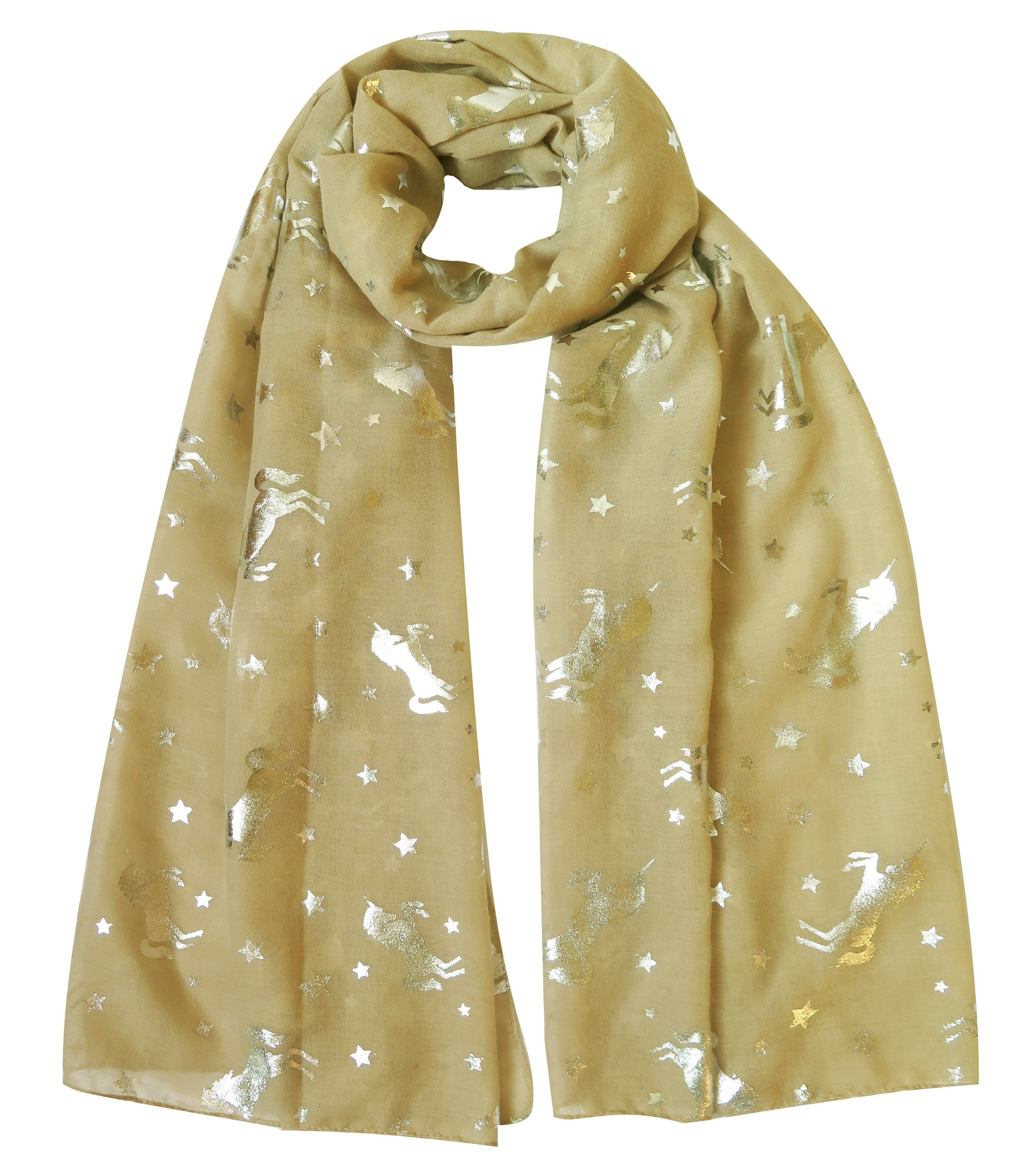Lina & Lily Silver Unicorn Glitters Scarf Shawl Wrap (Beige)