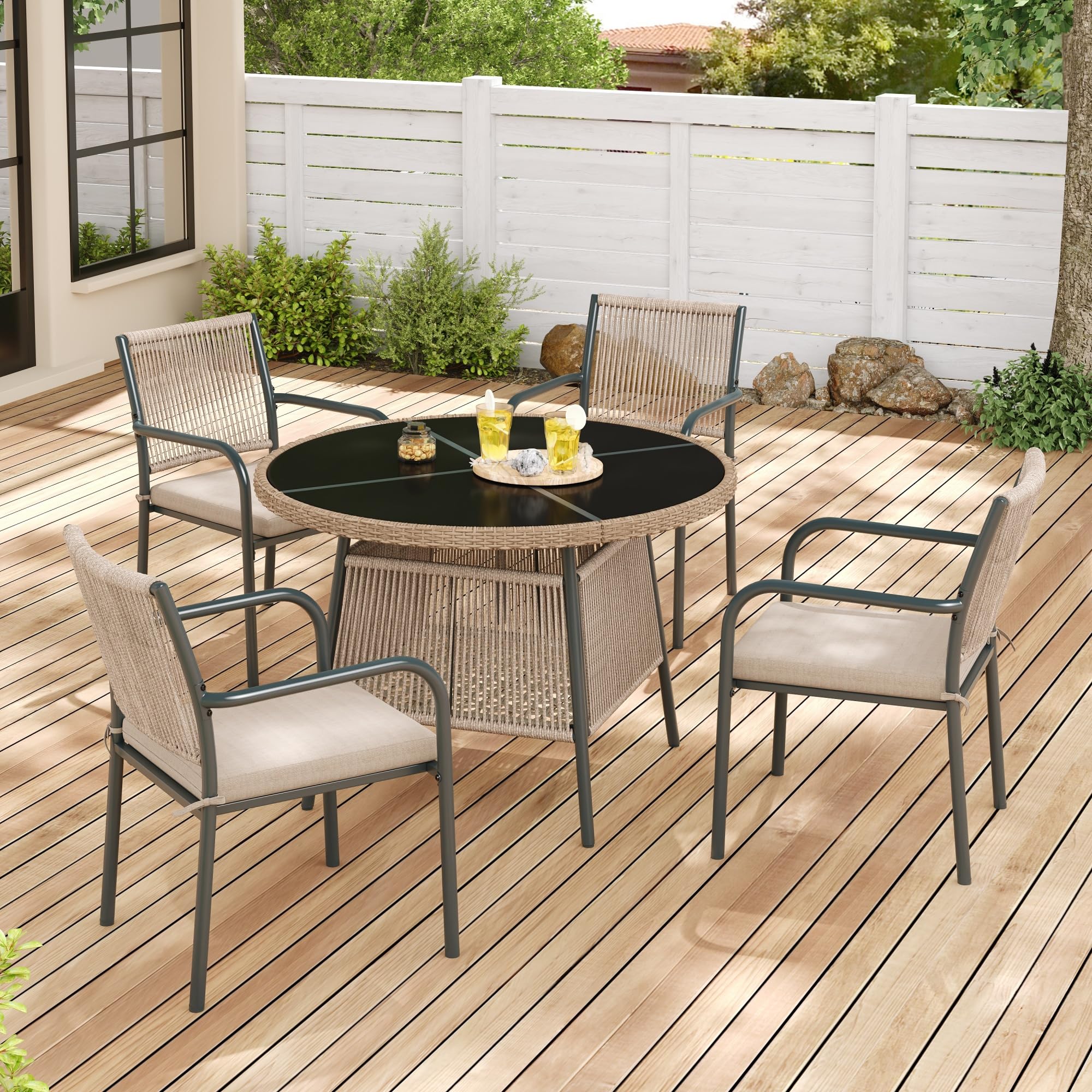 Conjunto Mesa y Sillas Jardín Ratán PE 5 Piezas, Conjunto Jardin Exterior con 1 Mesa de Comedor Redonda y 4 Sillones, Mesa y Sillas Terraza Exterior con Cojines, Marco Metálico, Gris