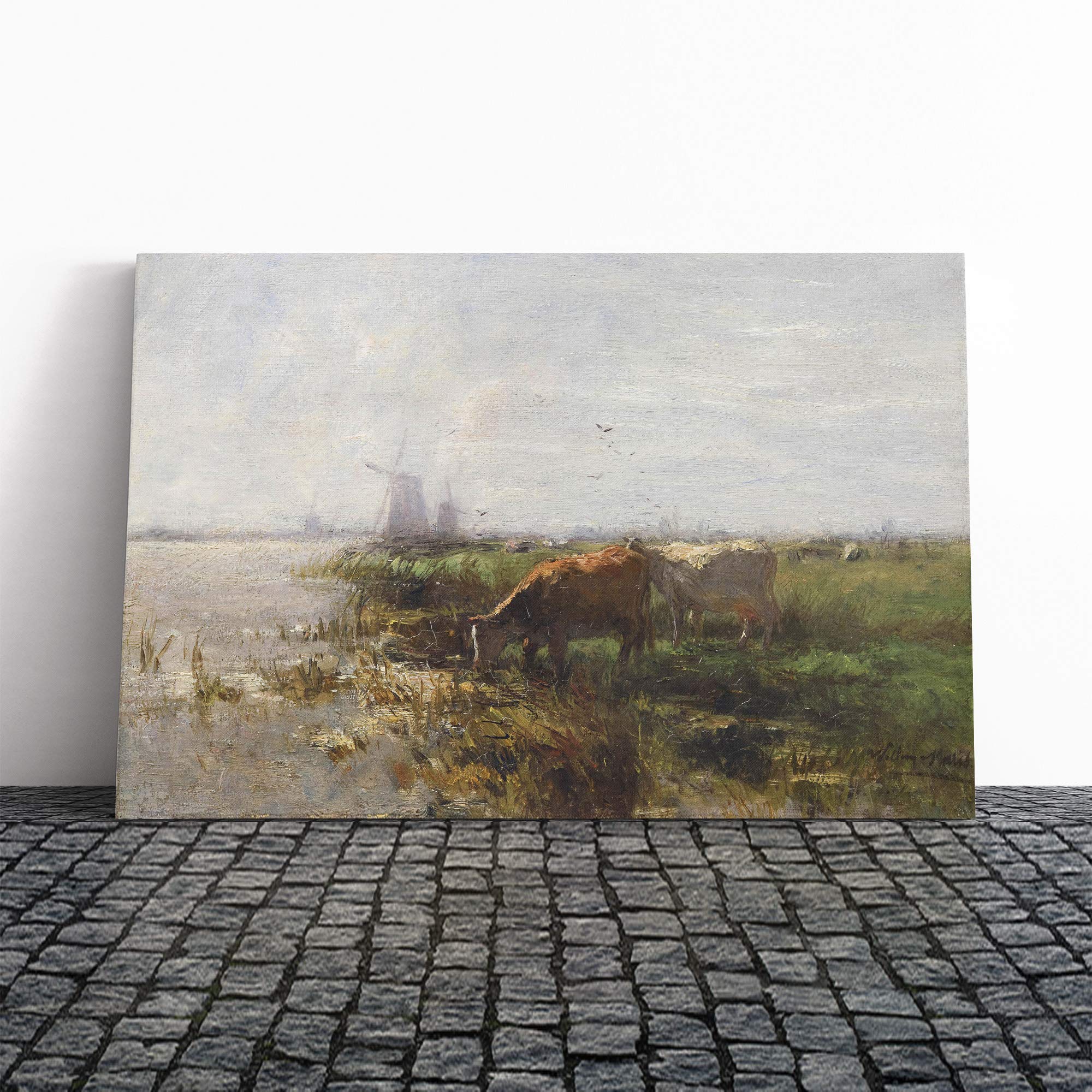Willem Maris Cows by Water Vol.2 Canvas Print | Gallery Wrapped 30mm Frame Wall Art | 24x16 inches | Ready to Hang | Modern Animal Picture | Living Room Bedroom Lounge Office