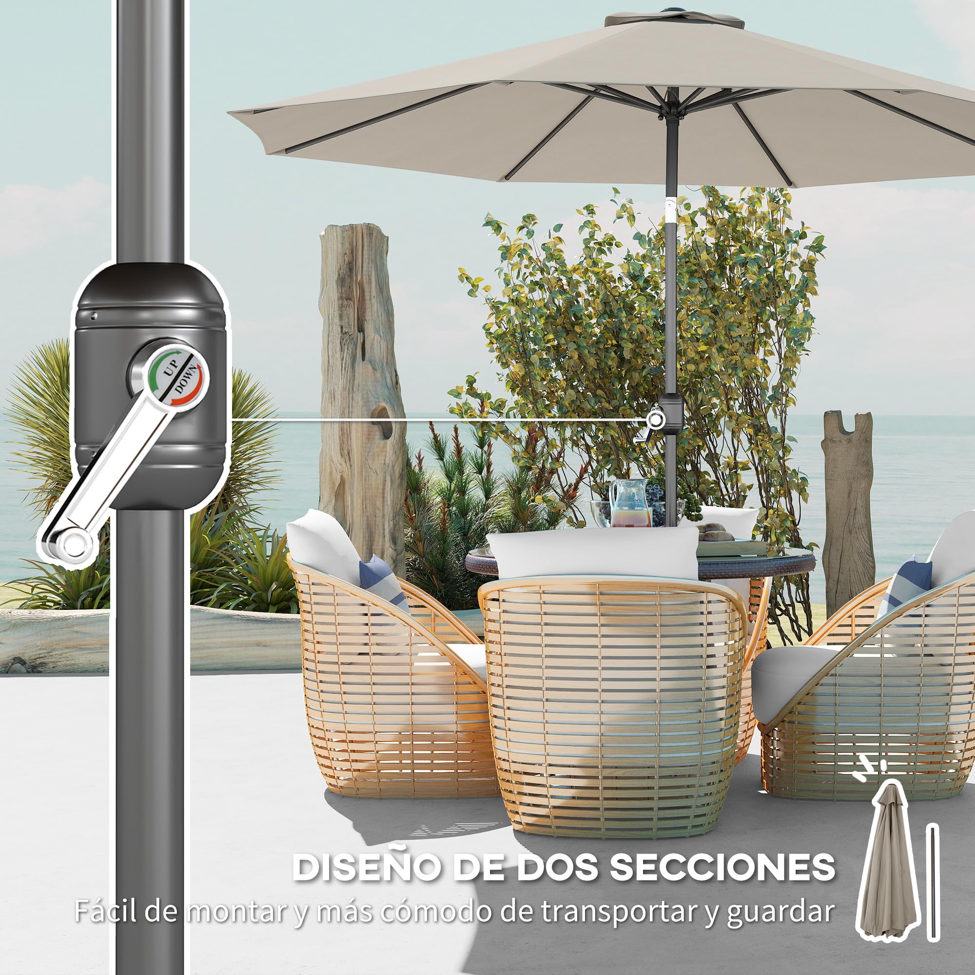Outsunny Sombrilla de Jardín Ø300x250 cm con Manivela Parasol Exterior con Mecanismo de Inclinación y Poste Desmontable de Metal para Terraza Piscina Patio