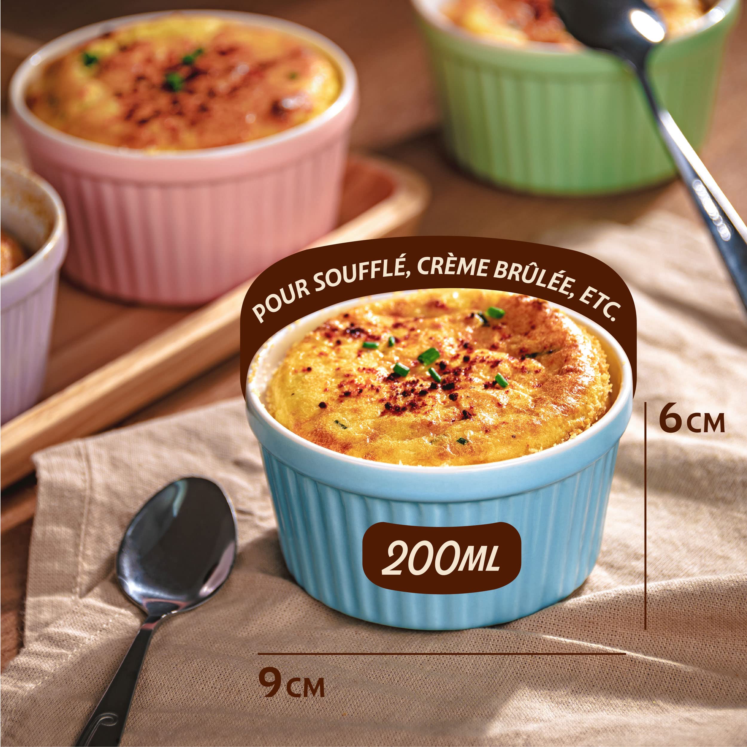 Praknu 6 Ramequins en Céramique 200 ml - Allant au Four - 9 cm - Empilables - Revêtement Antiadhésif - Emballage sans Plastique