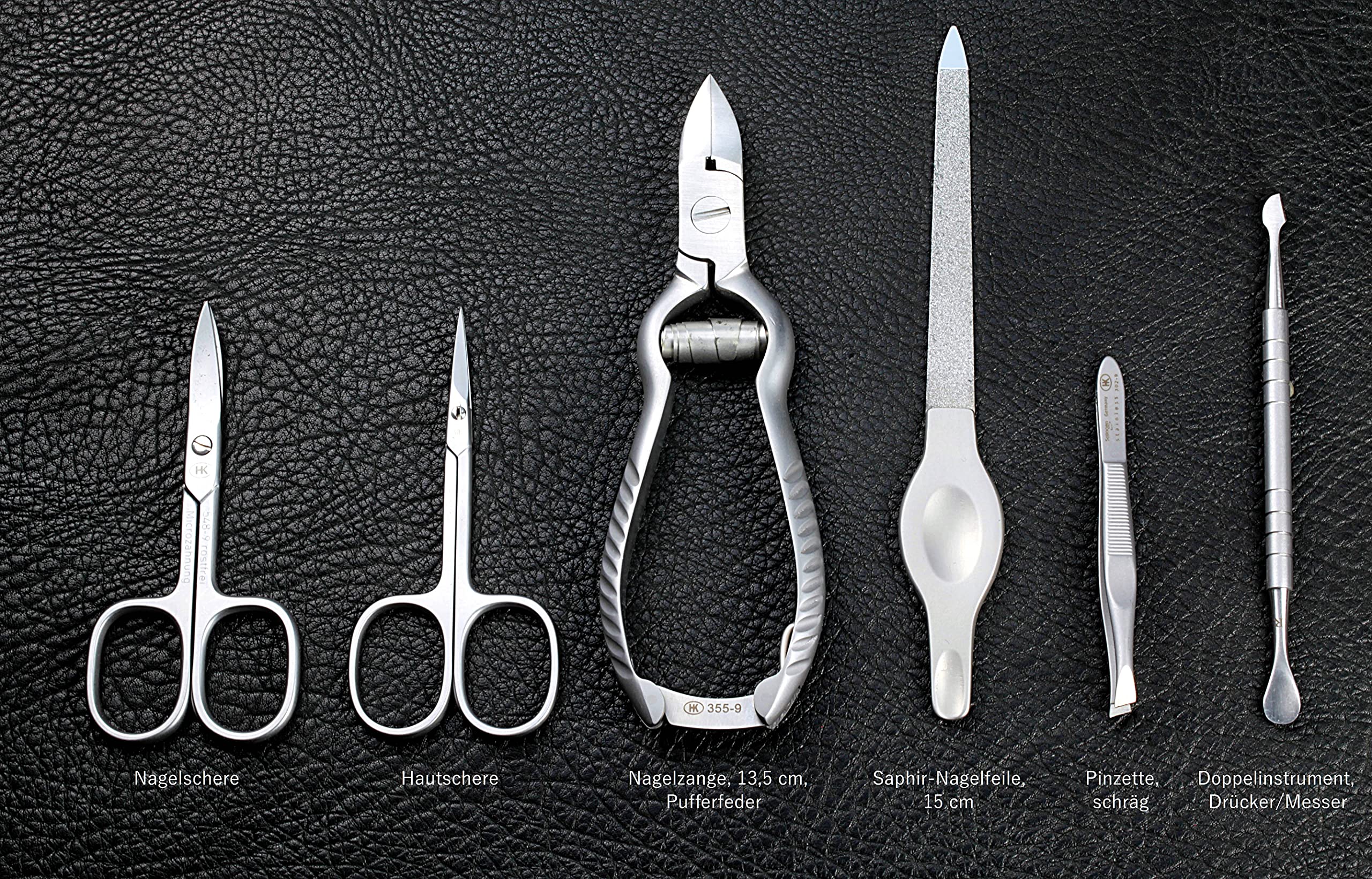 HK Manicure by Hans Kniebes - 6-teilig Maniküre Set - Nagelschere, Hautschere, Nagelzange, Pinzette, Feile, Hautdrücker/-messer – Maniküre-Etui aus Büffelleder schwarz