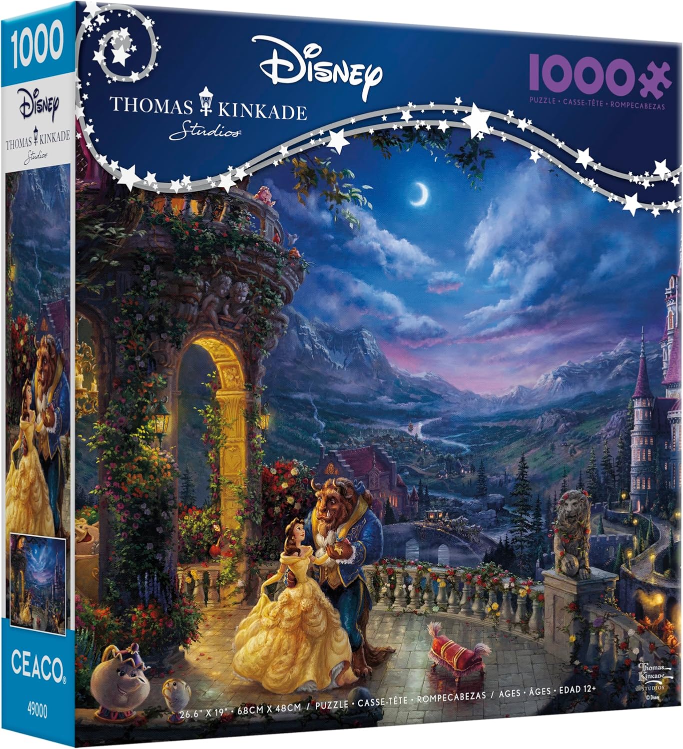 Ceaco - Thomas Kinkade Disney Beauty & The Beast Dancing in The Moonlight 1000 Piece Jigsaw Puzzle, Made in USA, Premium Recycled Board, Full-Color Poster