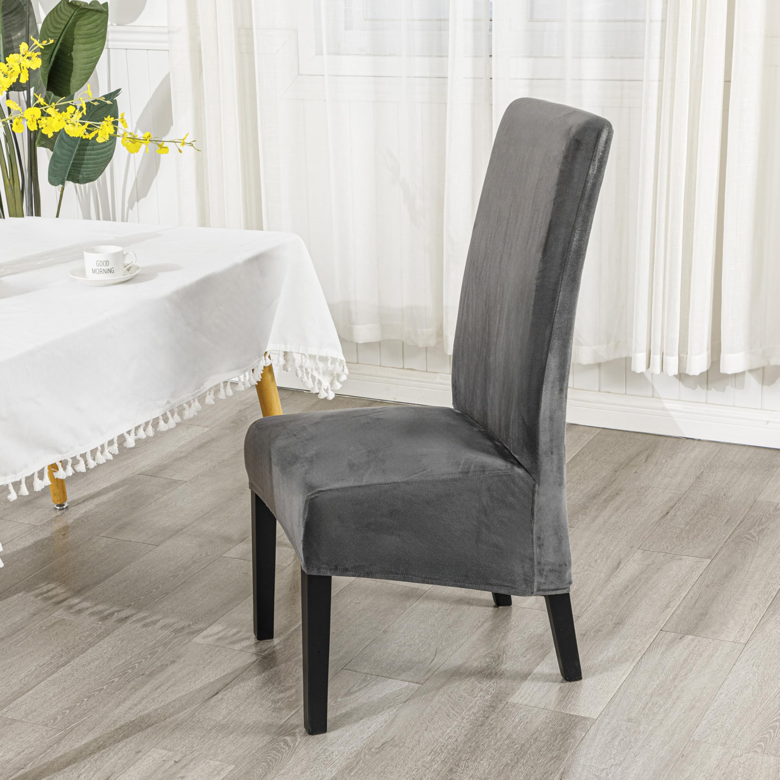 EBETA Stuhlbezug Samt Stuhlhussen Hotel Stretchhussen, XL Stuhlabdeckung Stretch Stuhlbezüge Hunssen für große Esszimmerstühle Waschbar (Grau, 6 Stück)