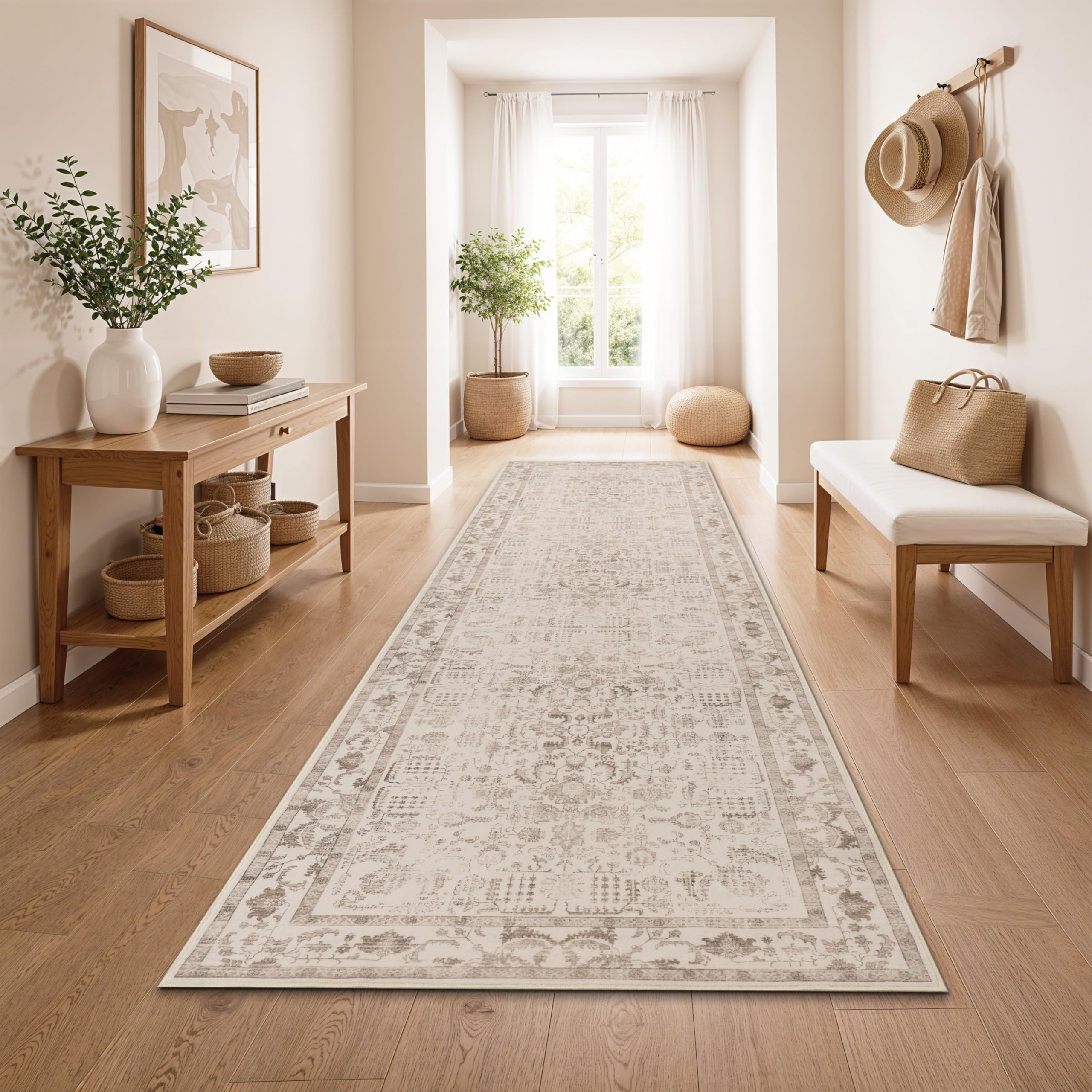 Paco Home Vintage Teppich Läufer Kurzflor Boho Stil Waschbar & rutschfest pflegeleicht modernes Retro Design, Farbe:Beige 4, Größe:80x150 cm