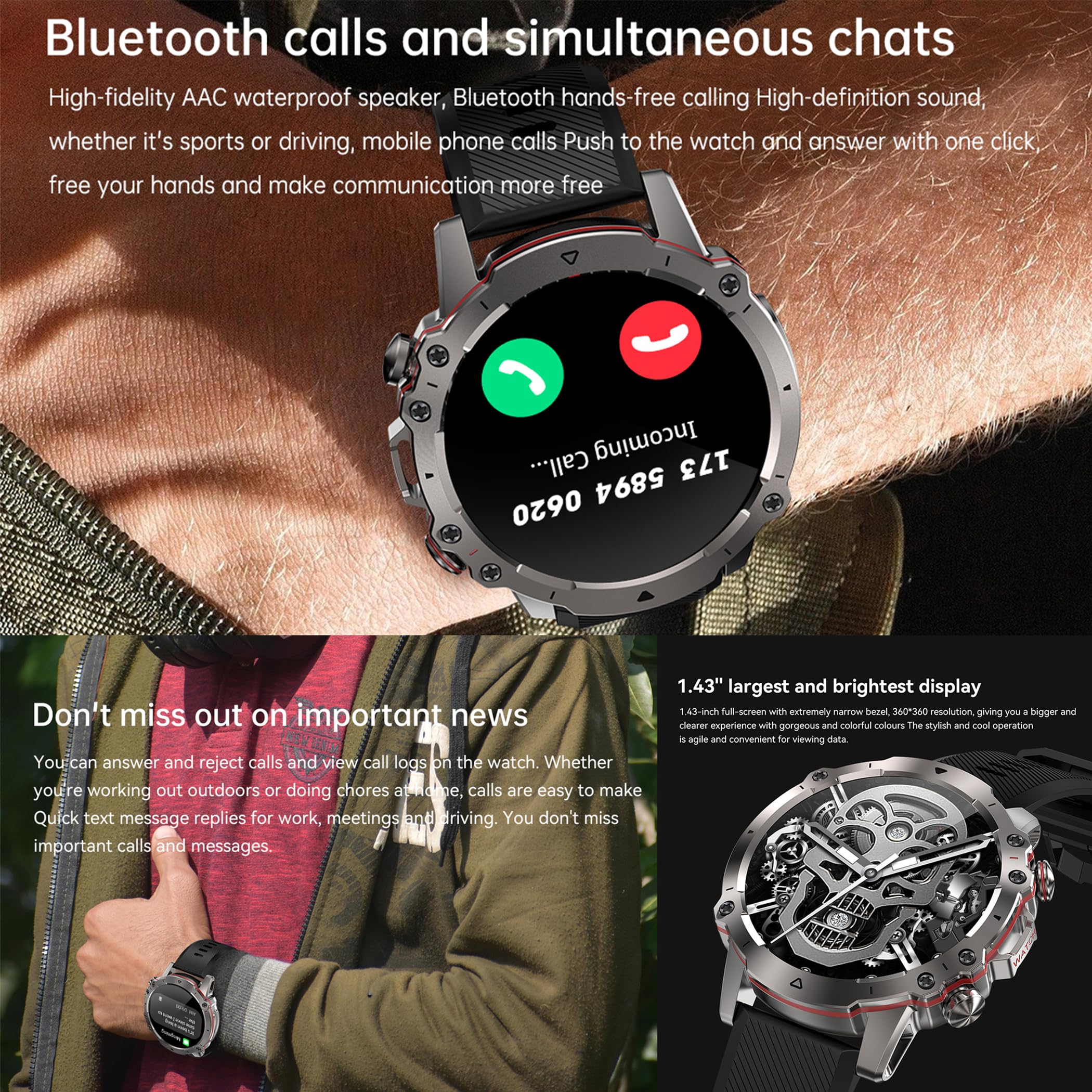 Reloj inteligente AMOLED de 1,43 pulgadas para hombre con función de teléfono, 5 ATM, rastreador de actividad con podómetro, 123 modos deportivos, monitor de sueño, presión arterial, reloj de
